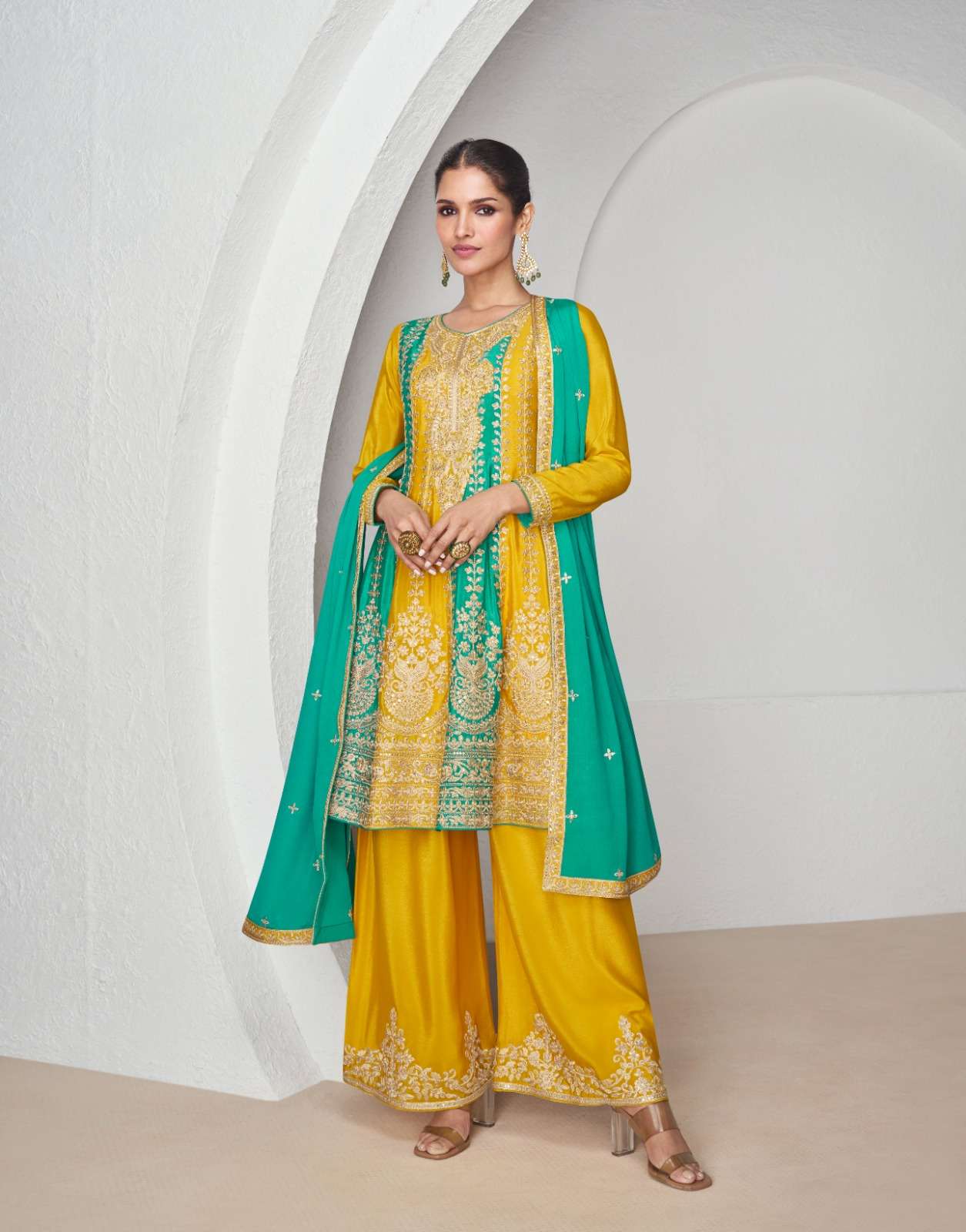 INDIAN DESIGNER FANCY WEDDING PARTY WEAR CHINON SILK YELLOW GREEN SHARARA PALLAZO SALWAR SUIT AF SUHANA 9922