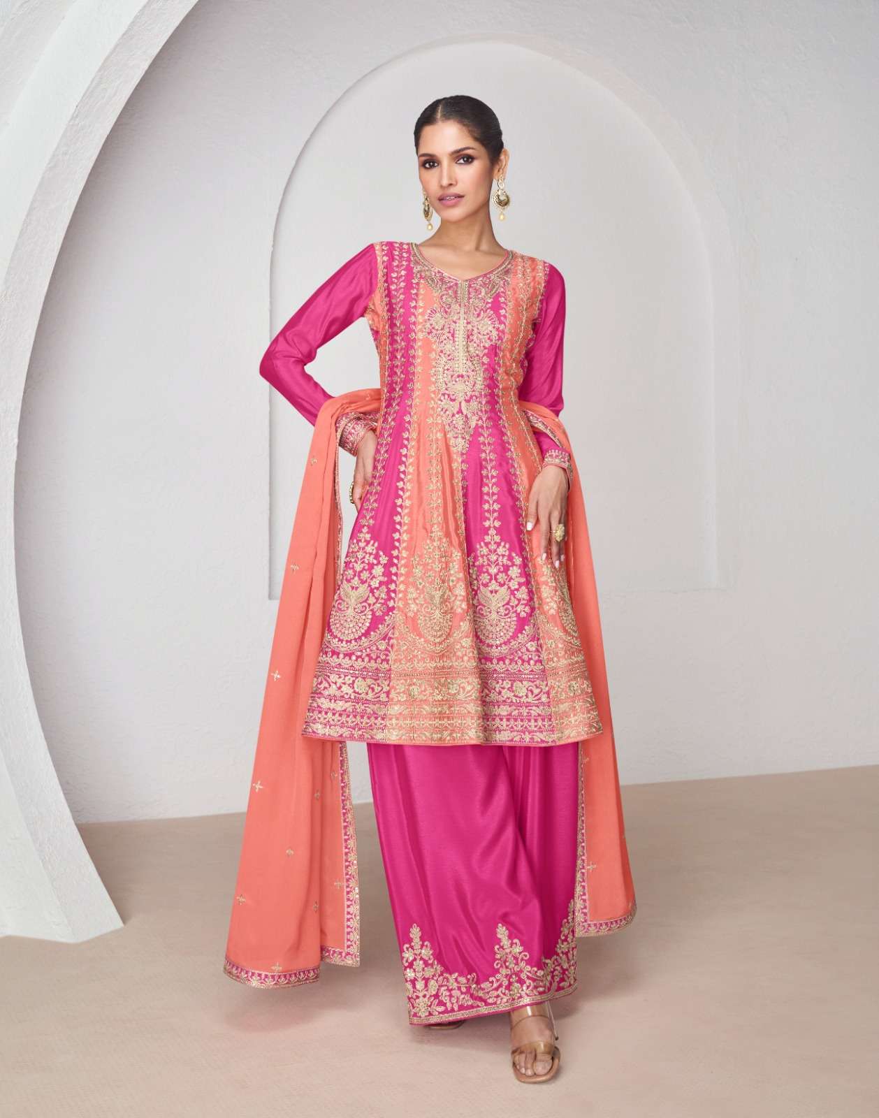 INDIAN DESIGNER FANCY WEDDING PARTY WEAR CHINON SILK PINK ORNAGE SHARARA PALLAZO SALWAR SUIT AF SUHANA 9923