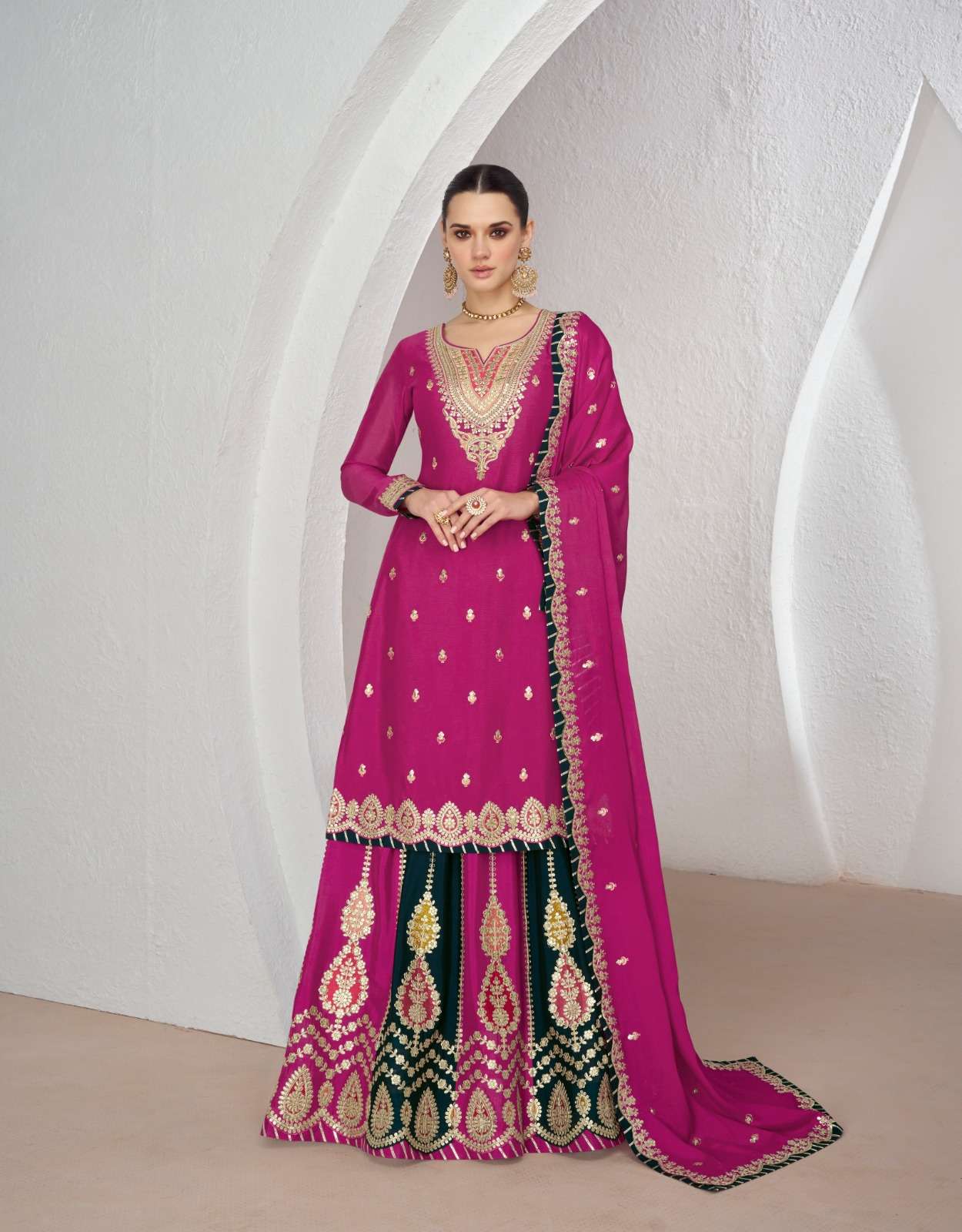 INDIAN DESIGNER FANCY WEDDING PARTY WEAR CHINON SILK PINK SHARARA PALLAZO PUNJABI SALWAR SUIT AF KANIKA 9921