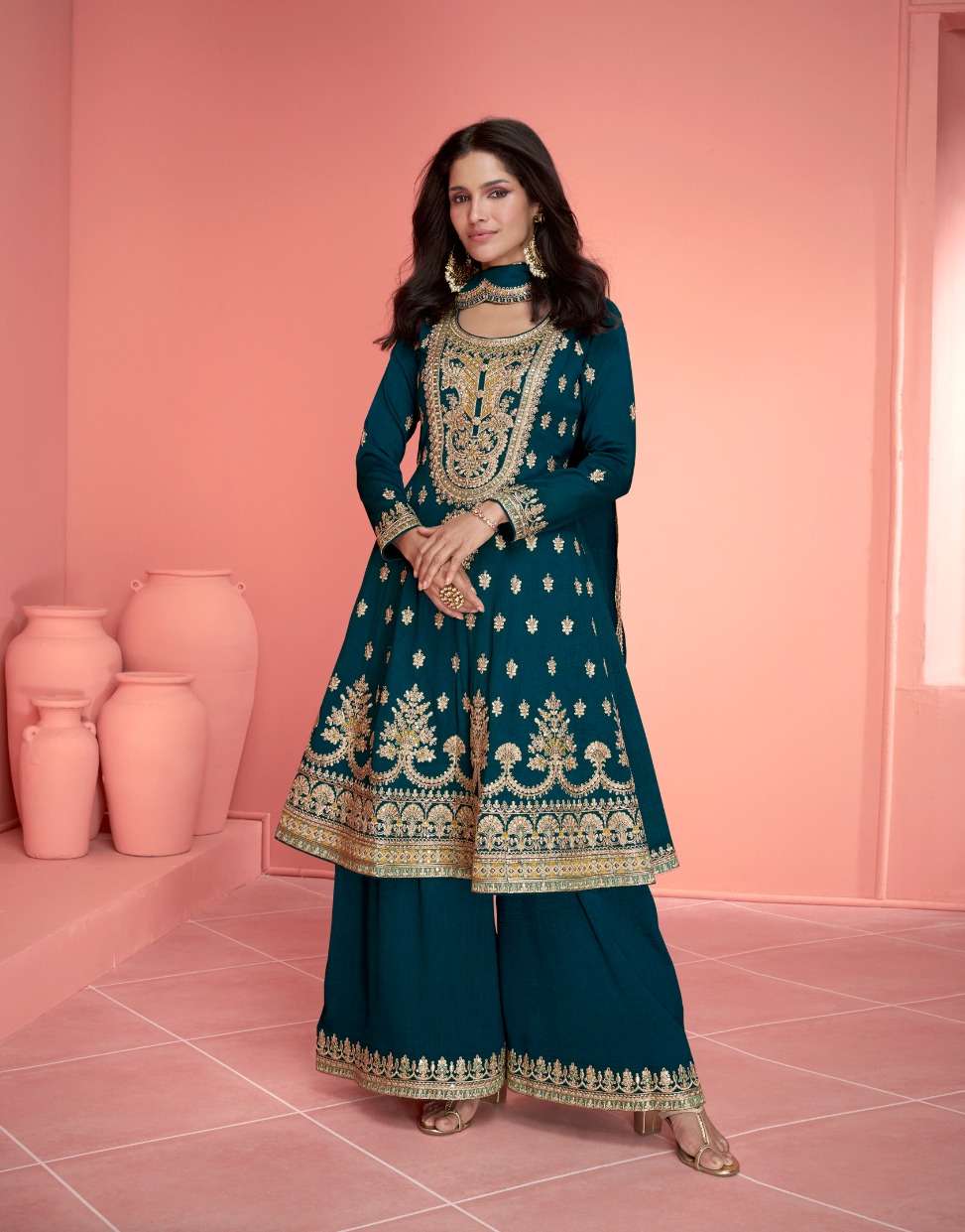 INDIAN DESIGNER FANCY WEDDING PARTY WEAR DARK GREEN SILK SHARARA PALLAZO SALWAR SUIT AF NURVI 9821