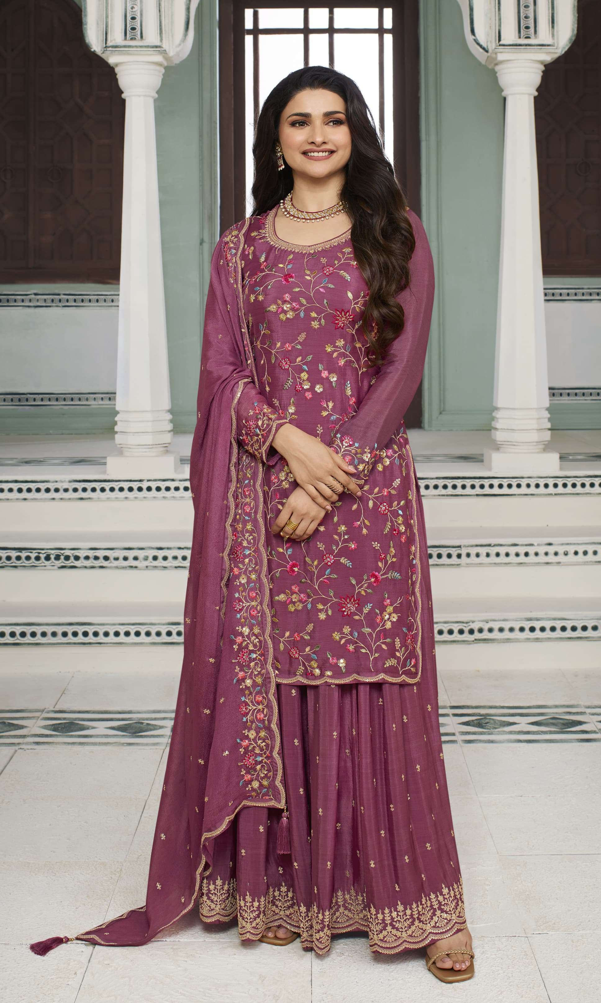 INDIAN DESIGNER FANCY WEDDING PARTY WEAR DEEP PINK CHINON SILK SHARARA PALLAZO SALWAR SUIT RH AVANTI 66305