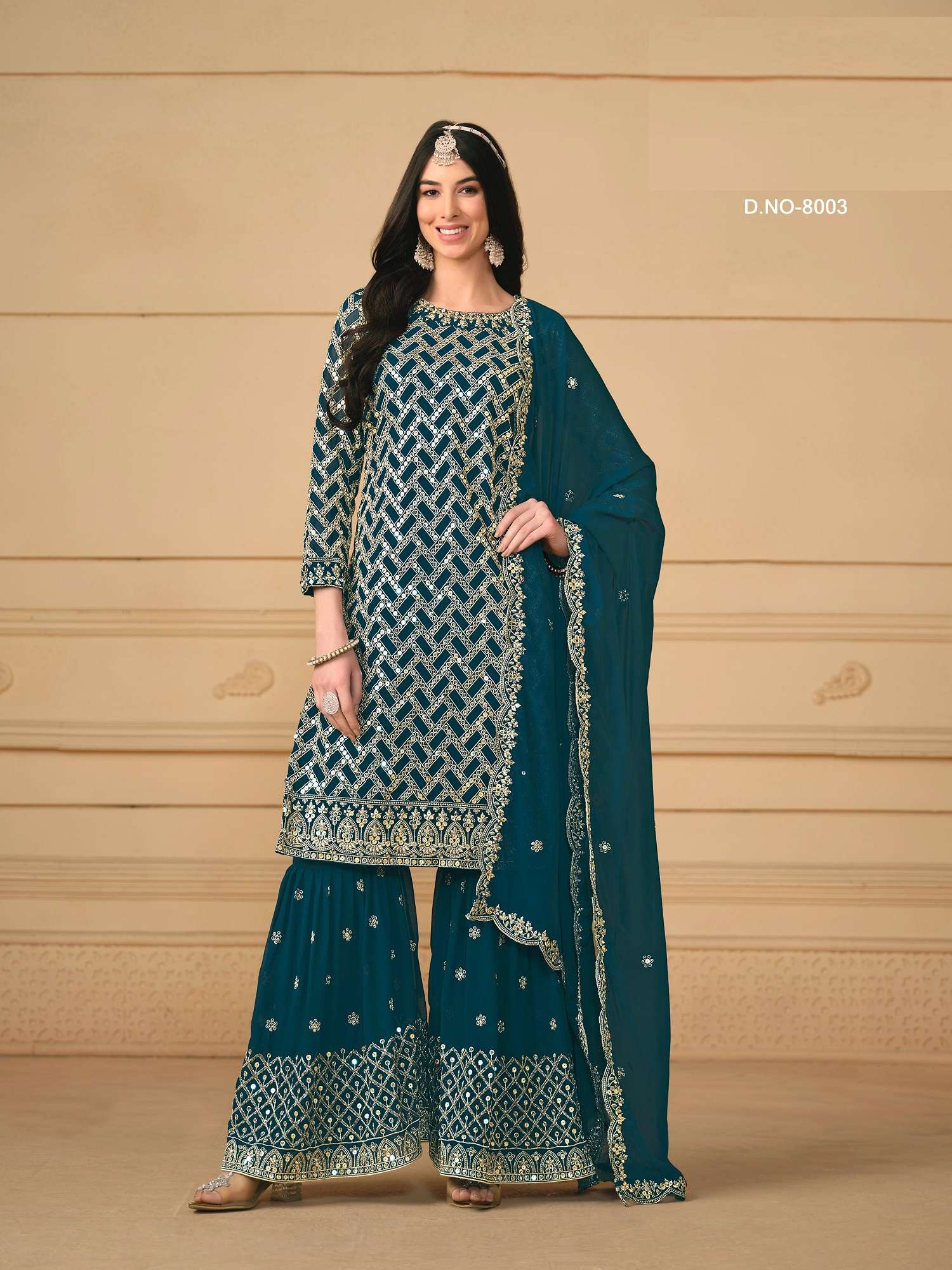 INDIAN DESIGNER FANCY WEDDING PARTY WEAR FAUX BLUE GEORGETTE PUNJABI SHARARA PALLAZO SALWAR SUIT ANY 8003