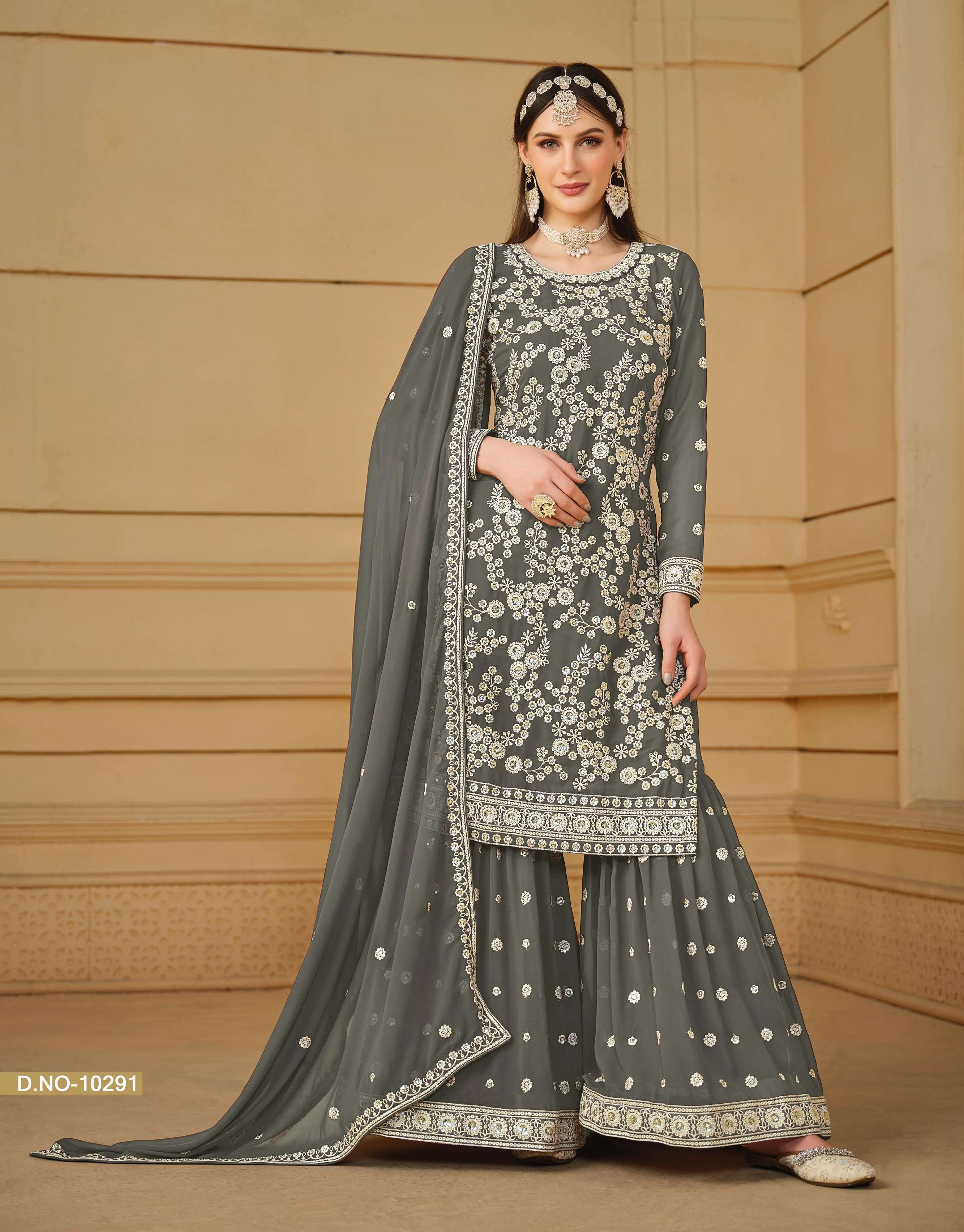 INDIAN DESIGNER FANCY WEDDING PARTY WEAR FAUX GEORGETTE GREY SHARARA PALLAZO SALWAR SUIT ANJUBAA 10291