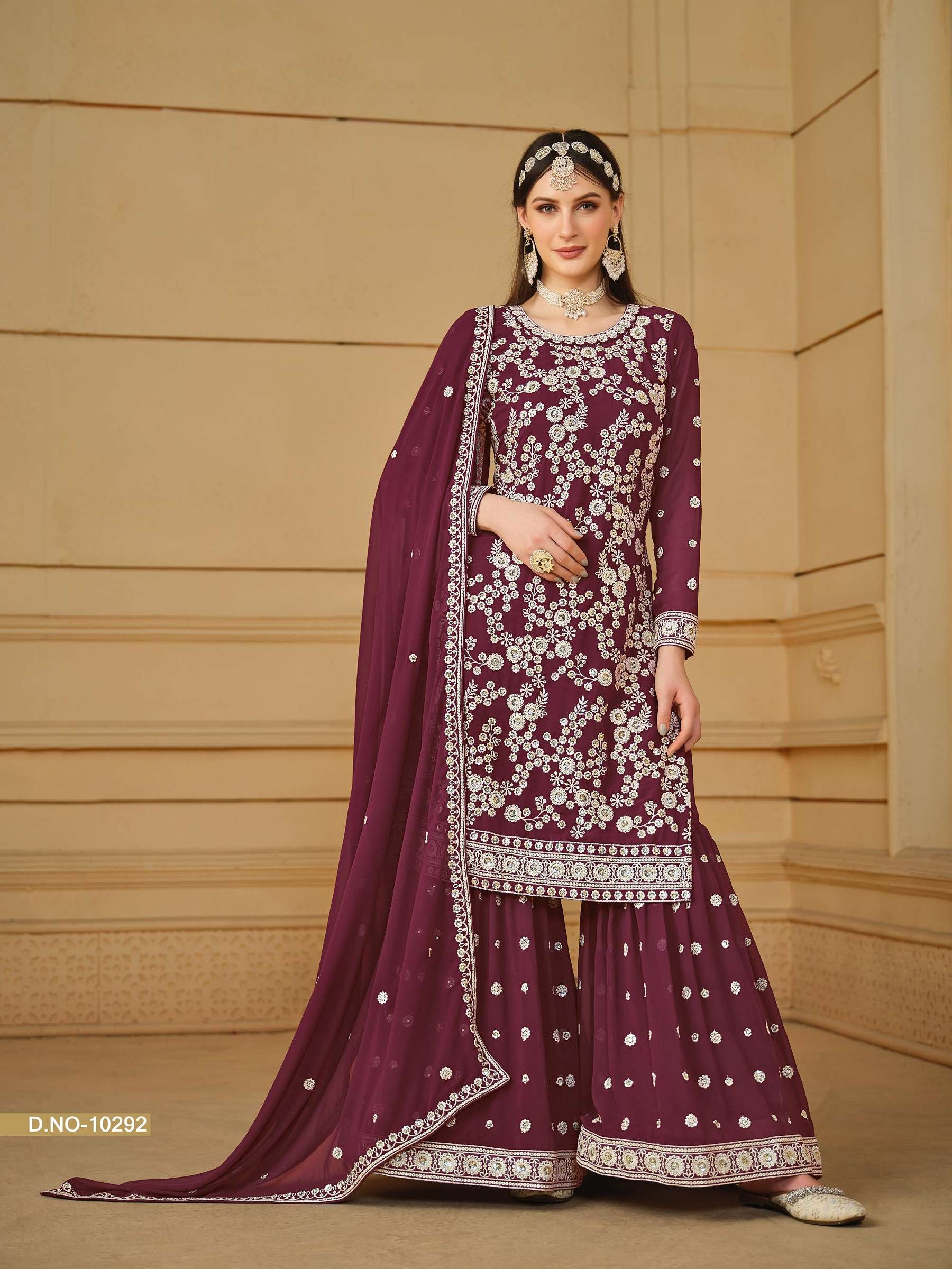 INDIAN DESIGNER FANCY WEDDING PARTY WEAR FAUX GEORGETTE MAROON SHARARA PALLAZO SALWAR SUIT ANJUBAA 10292