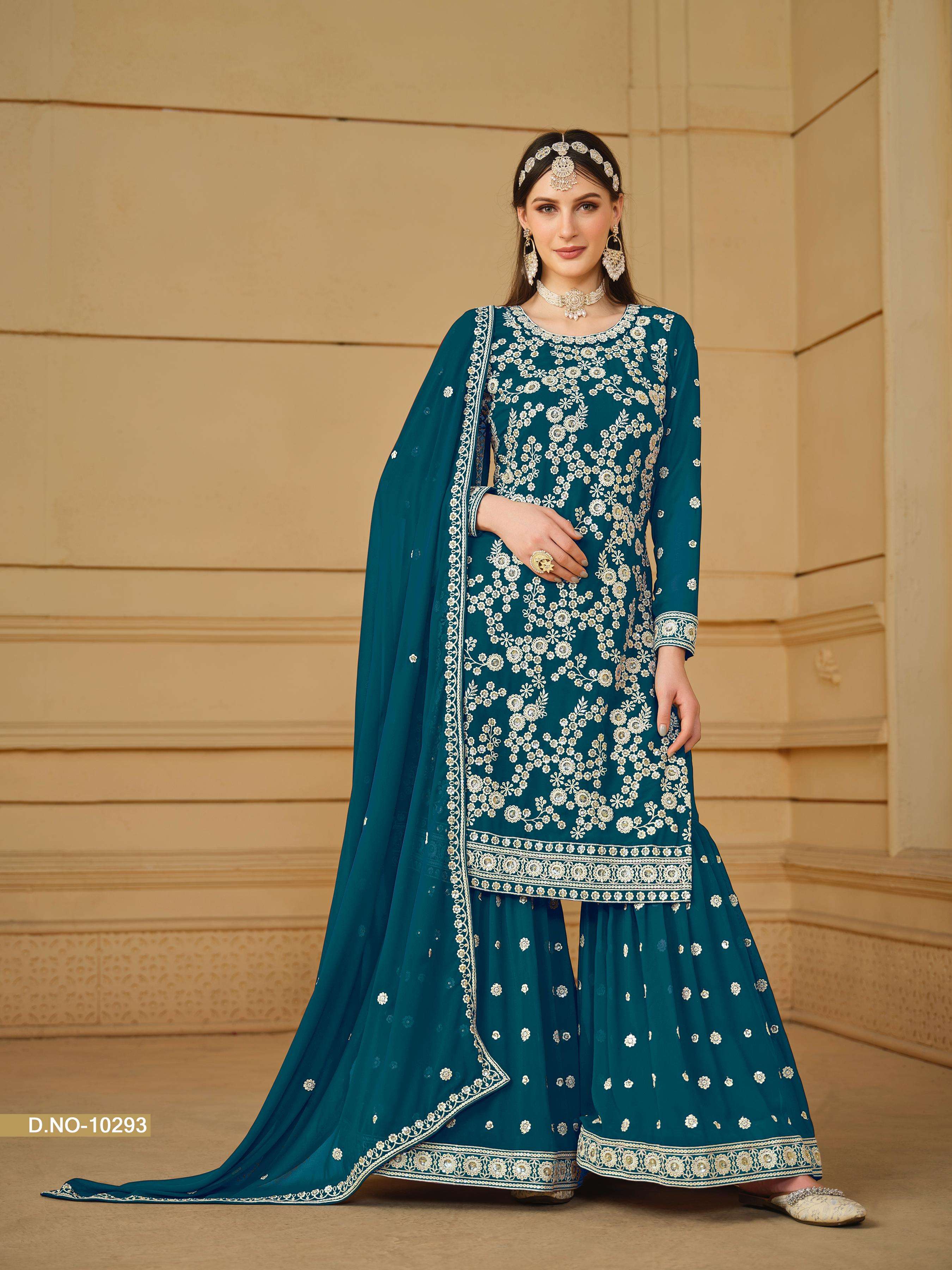 INDIAN DESIGNER FANCY WEDDING PARTY WEAR FAUX GEORGETTE BLUE SHARARA PALLAZO SALWAR SUIT ANJUBAA 10293