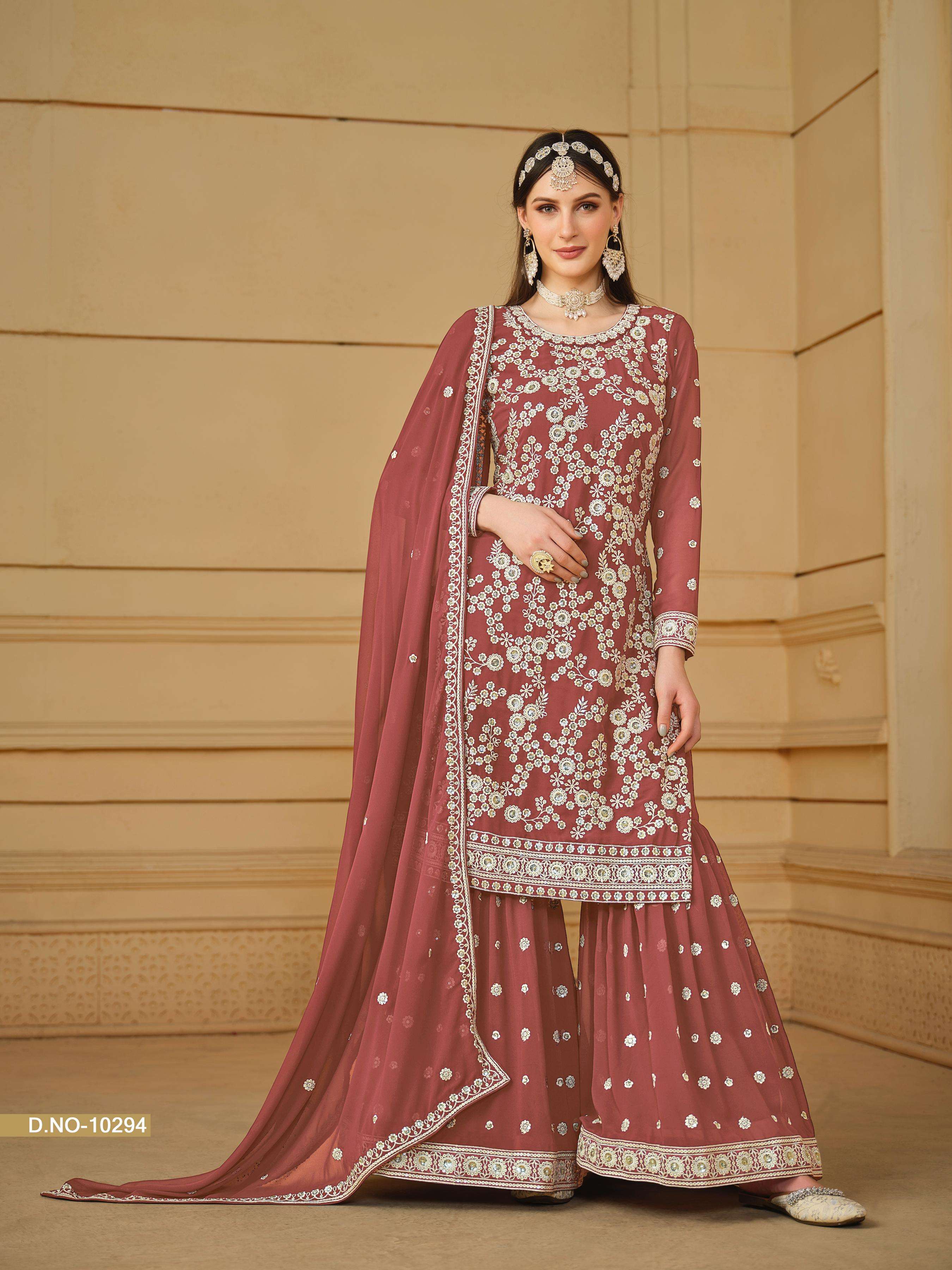 INDIAN DESIGNER FANCY WEDDING PARTY WEAR FAUX GEORGETTE ORANGE SHARARA PALLAZO SALWAR SUIT ANJUBAA 10294