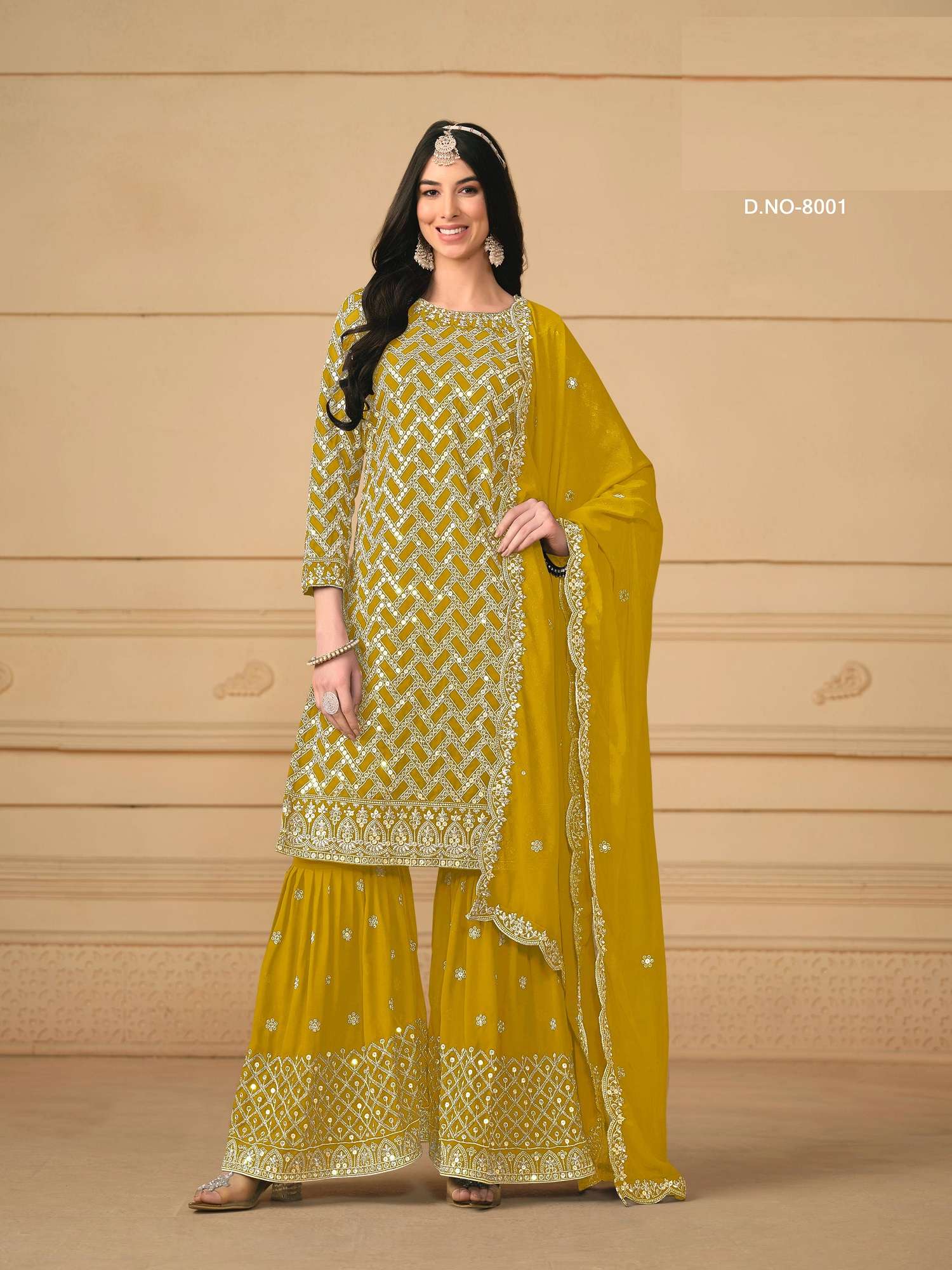 INDIAN DESIGNER FANCY WEDDING PARTY WEAR FAUX GEORGETTE YELLOW PUNJABI SHARARA PALLAZO SALWAR SUIT ANY 8001