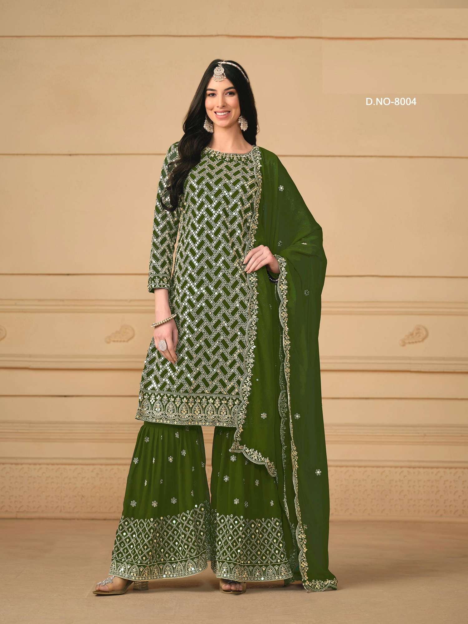 INDIAN DESIGNER FANCY WEDDING PARTY WEAR FAUX MEHENDI GREEN GEORGETTE PUNJABI SHARARA PALLAZO SALWAR SUIT ANY 8004