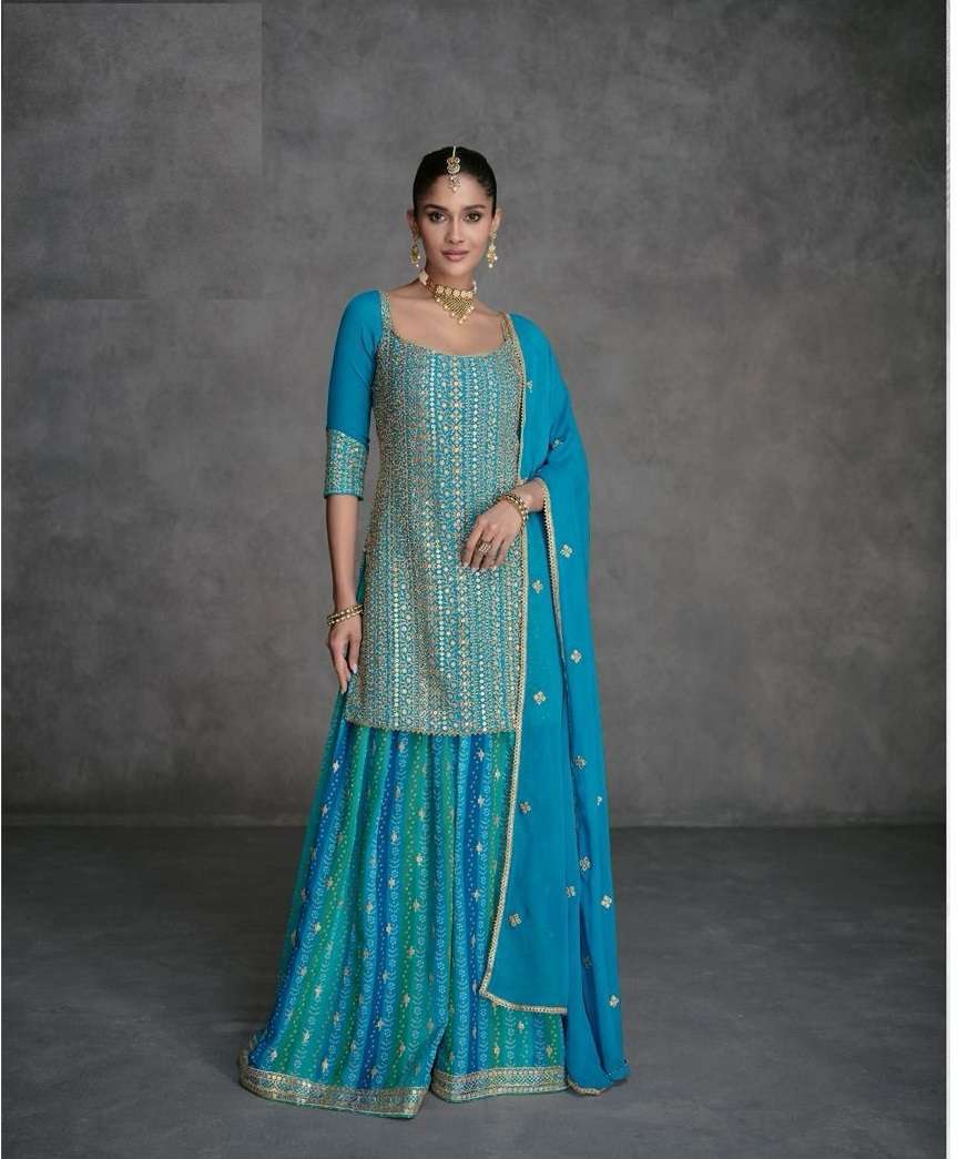 INDIAN DESIGNER FANCY WEDDING PARTY WEAR GEORGETTE SKY BLUE SHARARA PALLAZO SALWAR SUIT SY SHAILZA 5423