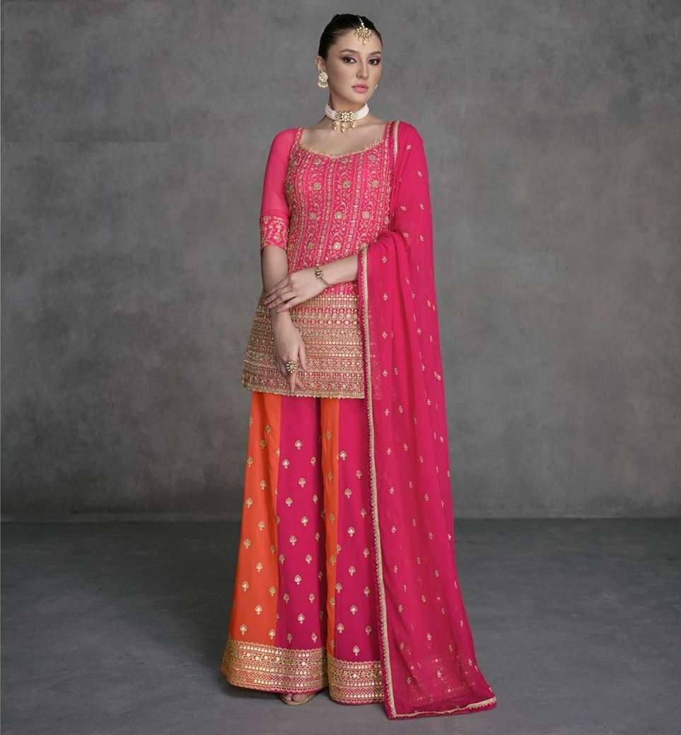 INDIAN DESIGNER FANCY WEDDING PARTY WEAR GEORGETTE PINK SHARARA PALLAZO SALWAR SUIT SY SHAILZA 5424