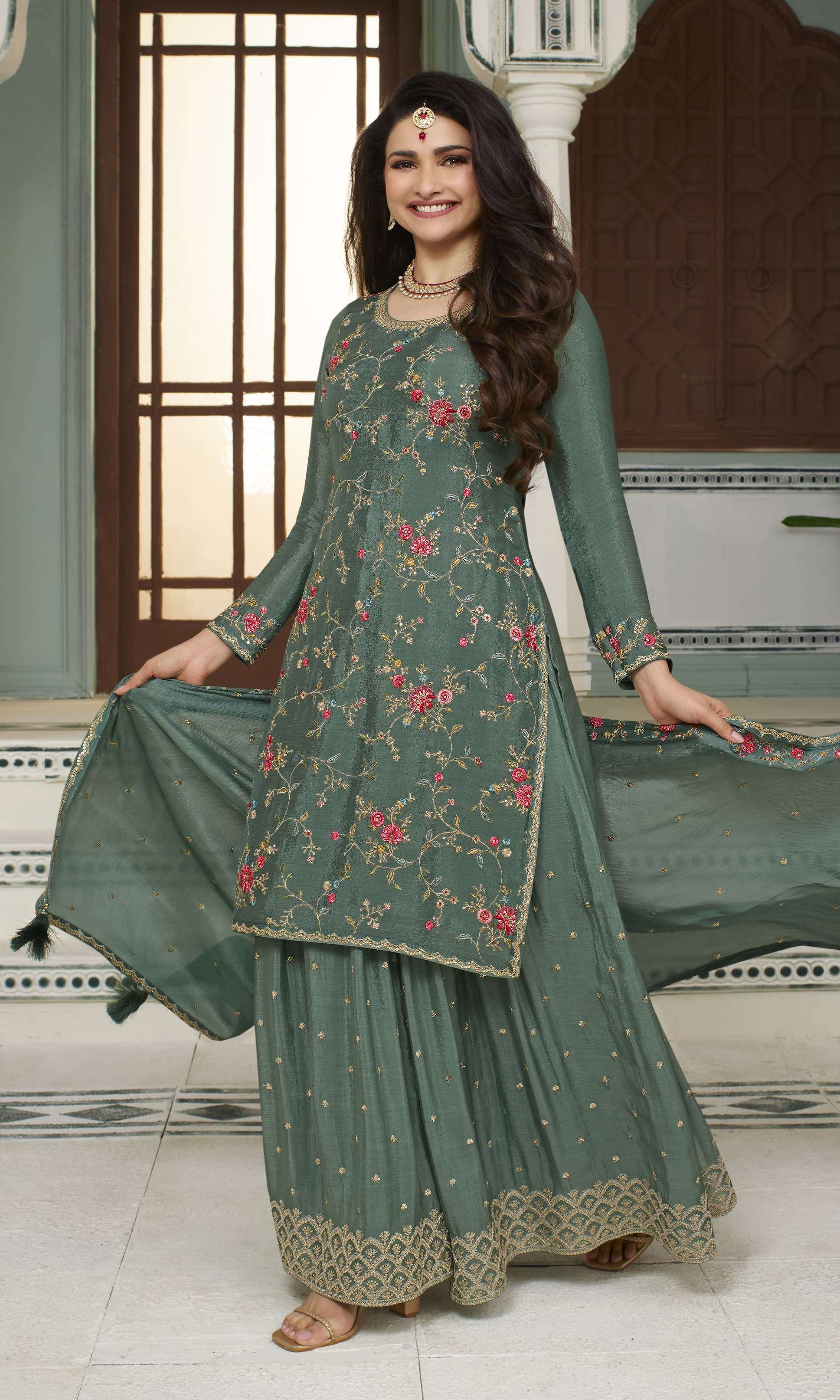 INDIAN DESIGNER FANCY WEDDING PARTY WEAR GREEN CHINON SILK SHARARA PALLAZO SALWAR SUIT RH AVANTI 66304