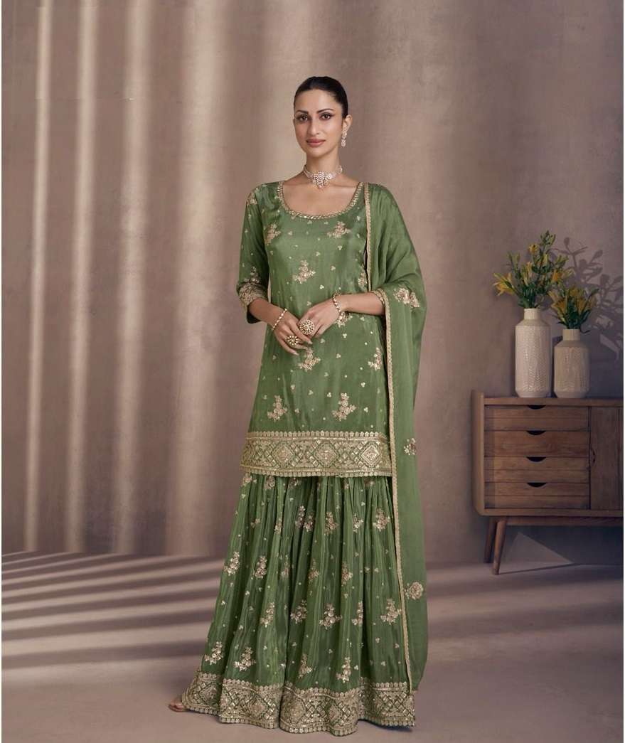 INDIAN DESIGNER FANCY WEDDING PARTY WEAR GREEN CHINON SILK SHARARA PALLAZO SALWAR SUIT TIARA SY 5439