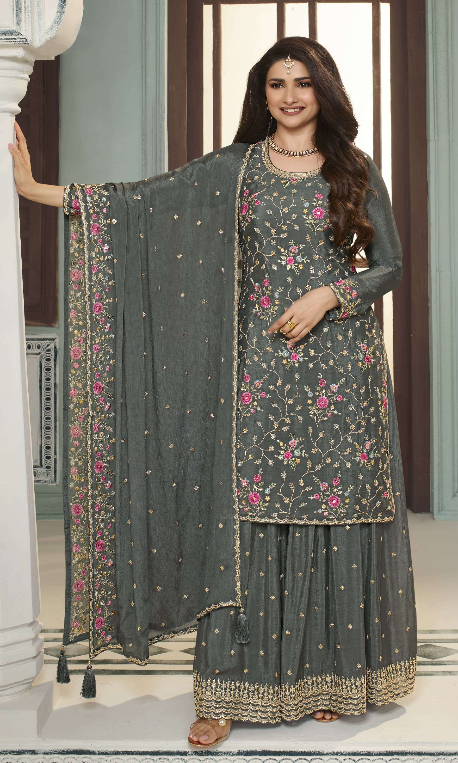 INDIAN DESIGNER FANCY WEDDING PARTY WEAR GREY CHINON SILK SHARARA PALLAZO SALWAR SUIT RH AVANTI 66302