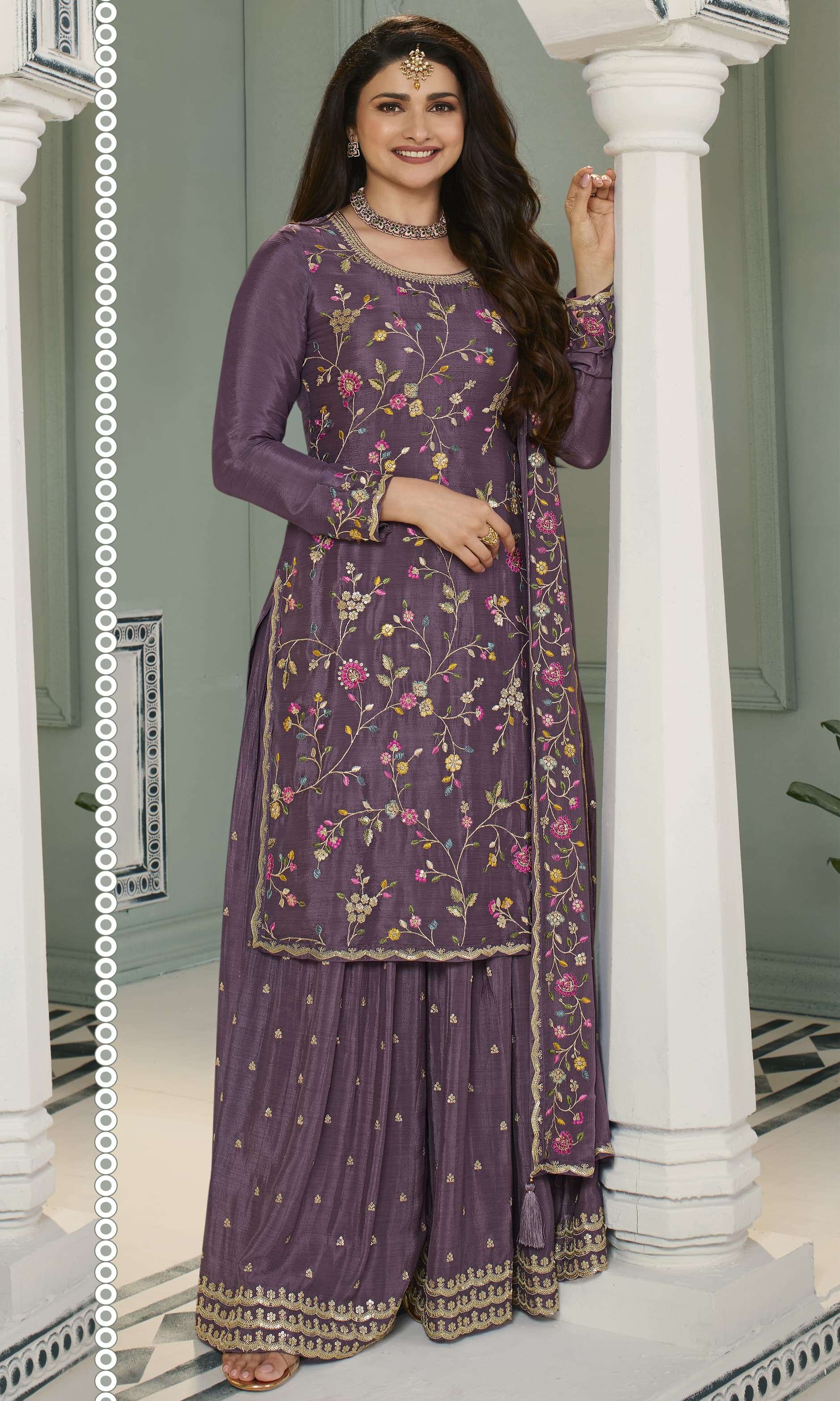 INDIAN DESIGNER FANCY WEDDING PARTY WEAR LAVENDER CHINON SILK SHARARA PALLAZO SALWAR SUIT RH AVANTI 66301