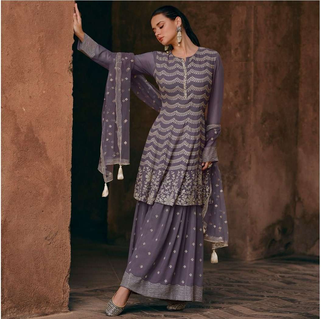 INDIAN DESIGNER FANCY WEDDING PARTY WEAR LAVENDER CHINON SILK SHARARA PALLAZO SALWAR SUIT SY SHARMILI 5431