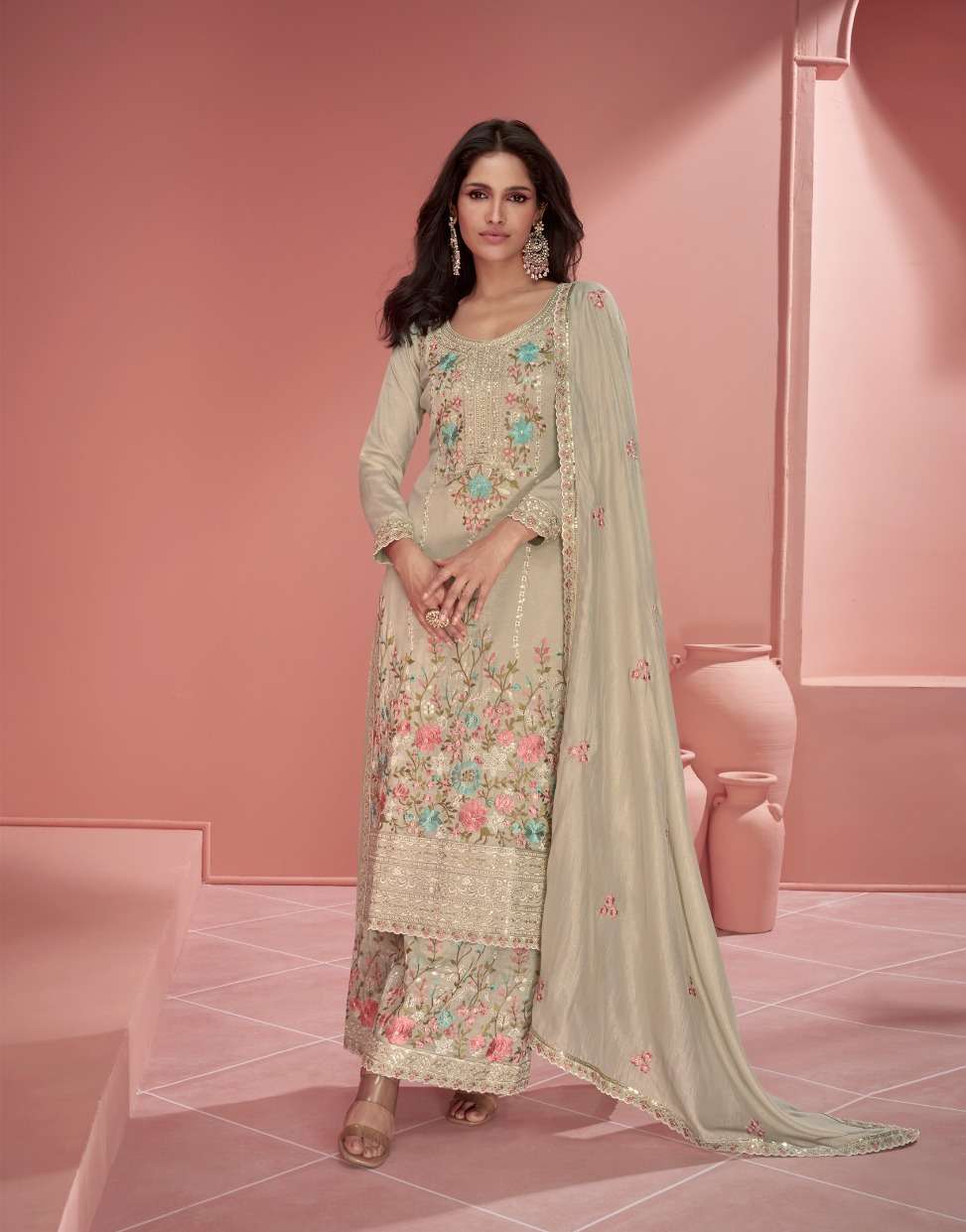 INDIAN DESIGNER FANCY WEDDING PARTY WEAR ORGANZA SILK BEIGE SHARARA PALLAZO SALWAR SUIT AF MEHROON 9962