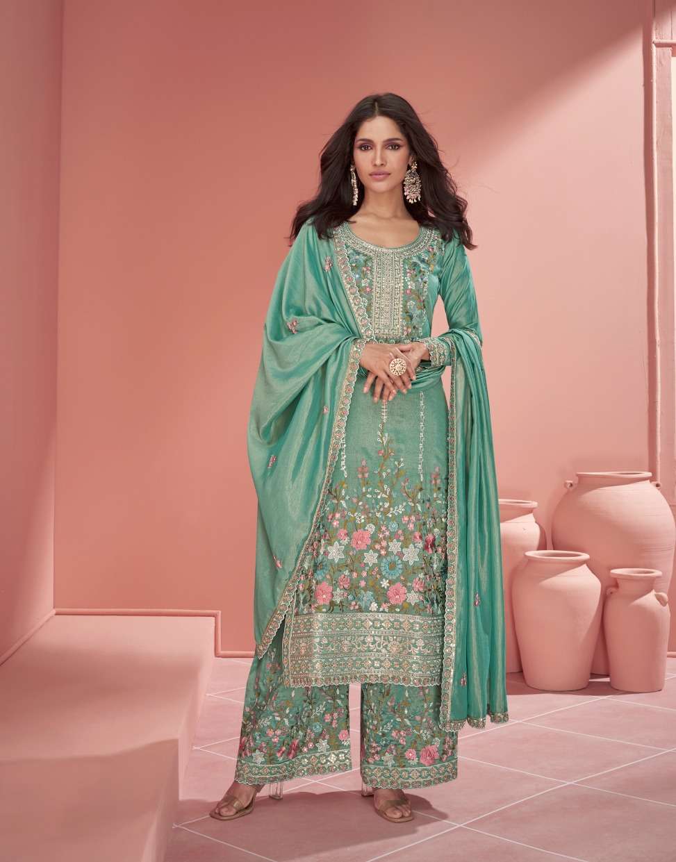 INDIAN DESIGNER FANCY WEDDING PARTY WEAR ORGANZA SILK GREEN SHARARA PALLAZO SALWAR SUIT AF MEHROON 9963