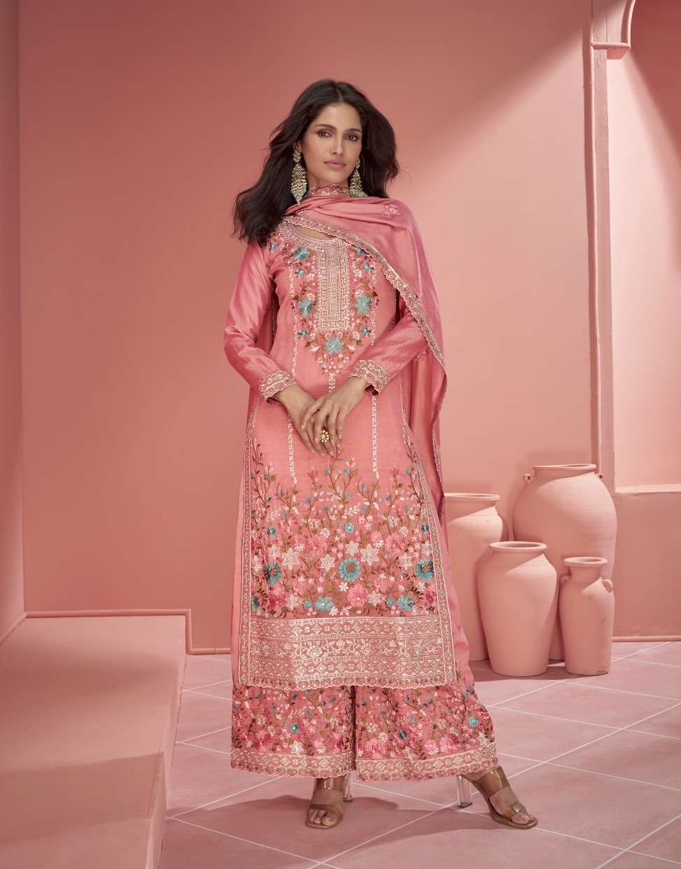 INDIAN DESIGNER FANCY WEDDING PARTY WEAR ORGANZA SILK PINK SHARARA PALLAZO SALWAR SUIT AF MEHROON 9964