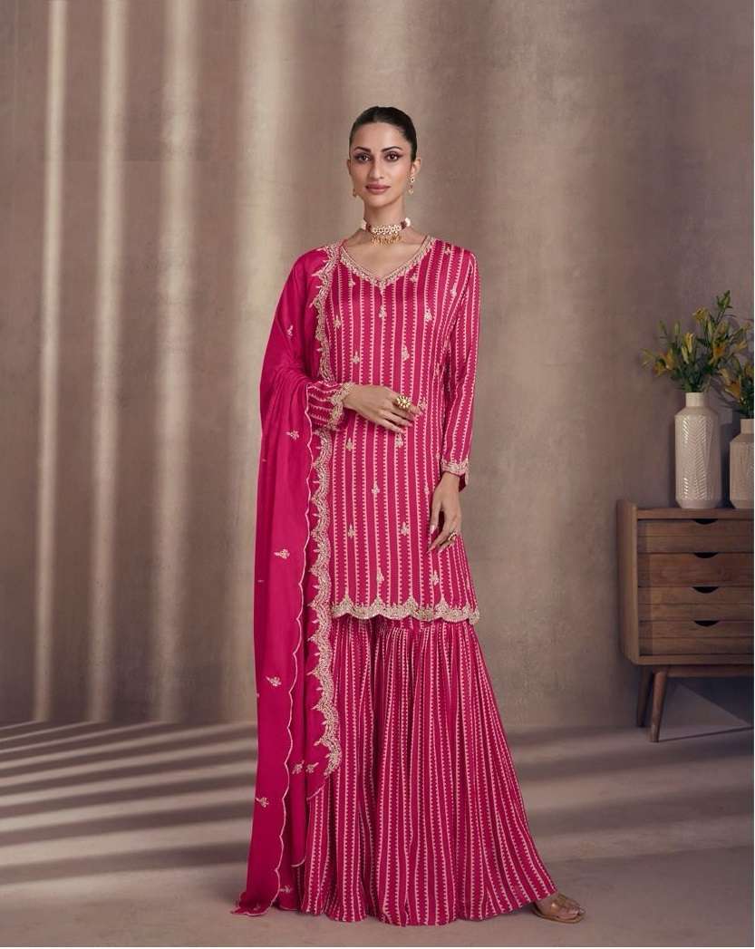 INDIAN DESIGNER FANCY WEDDING PARTY WEAR PINK CHINON SILK SHARARA PALLAZO SALWAR SUIT TIARA SY 5441