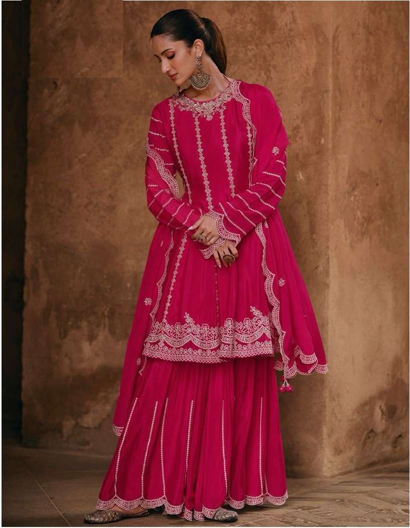 INDIAN DESIGNER FANCY WEDDING PARTY WEAR PINK CHINON SILK SHARARA PALLAZO SALWAR SUIT SY SHARMILI 5433