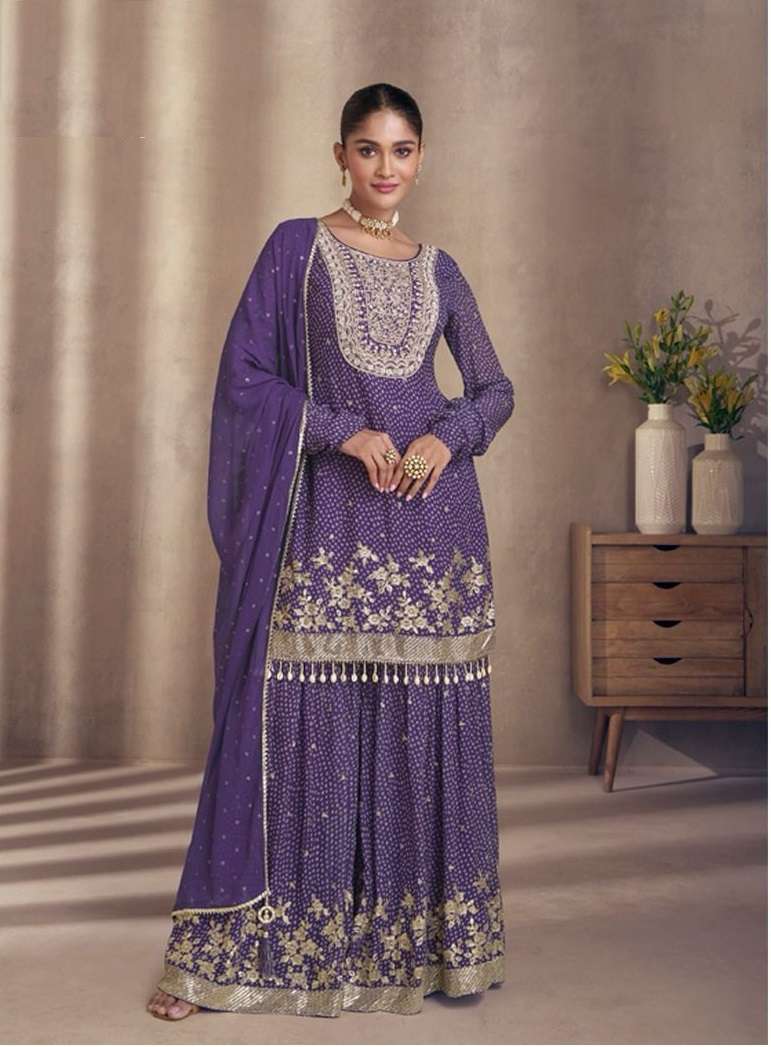 INDIAN DESIGNER FANCY WEDDING PARTY WEAR PURPLE CHINON SILK SHARARA PALLAZO SALWAR SUIT TIARA SY 5440