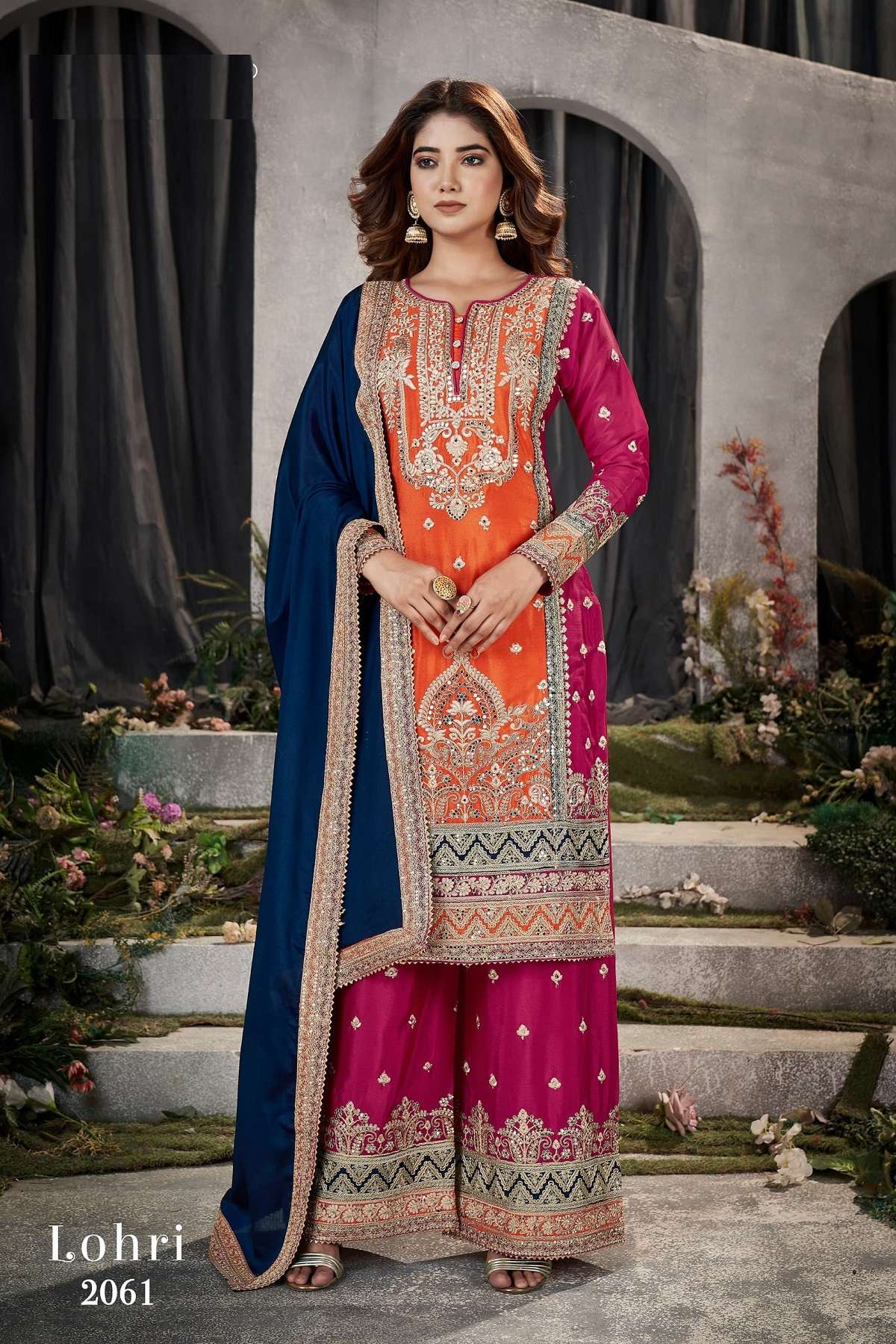 INDIAN DESIGNER FANCY WEDDING PARTY WEAR REAL CHINON ORANGE PINK SHARARA PALLAZO SALWAR SUIT LOHARI 2061