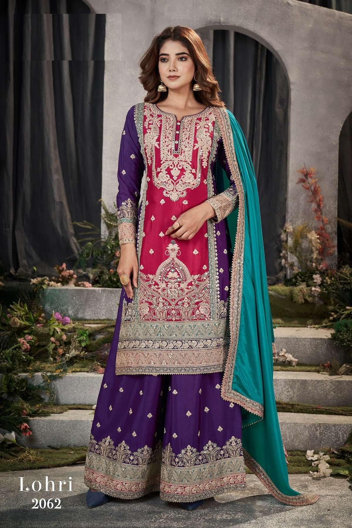 INDIAN DESIGNER FANCY WEDDING PARTY WEAR REAL CHINON PURPLE SHARARA PALLAZO SALWAR SUIT LOHARI 2062