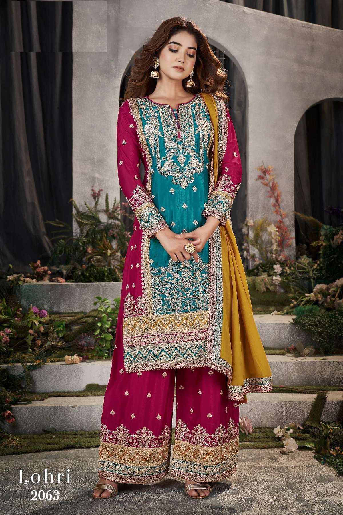 INDIAN DESIGNER FANCY WEDDING PARTY WEAR REAL CHINON BLUE PINK SHARARA PALLAZO SALWAR SUIT LOHARI 2063