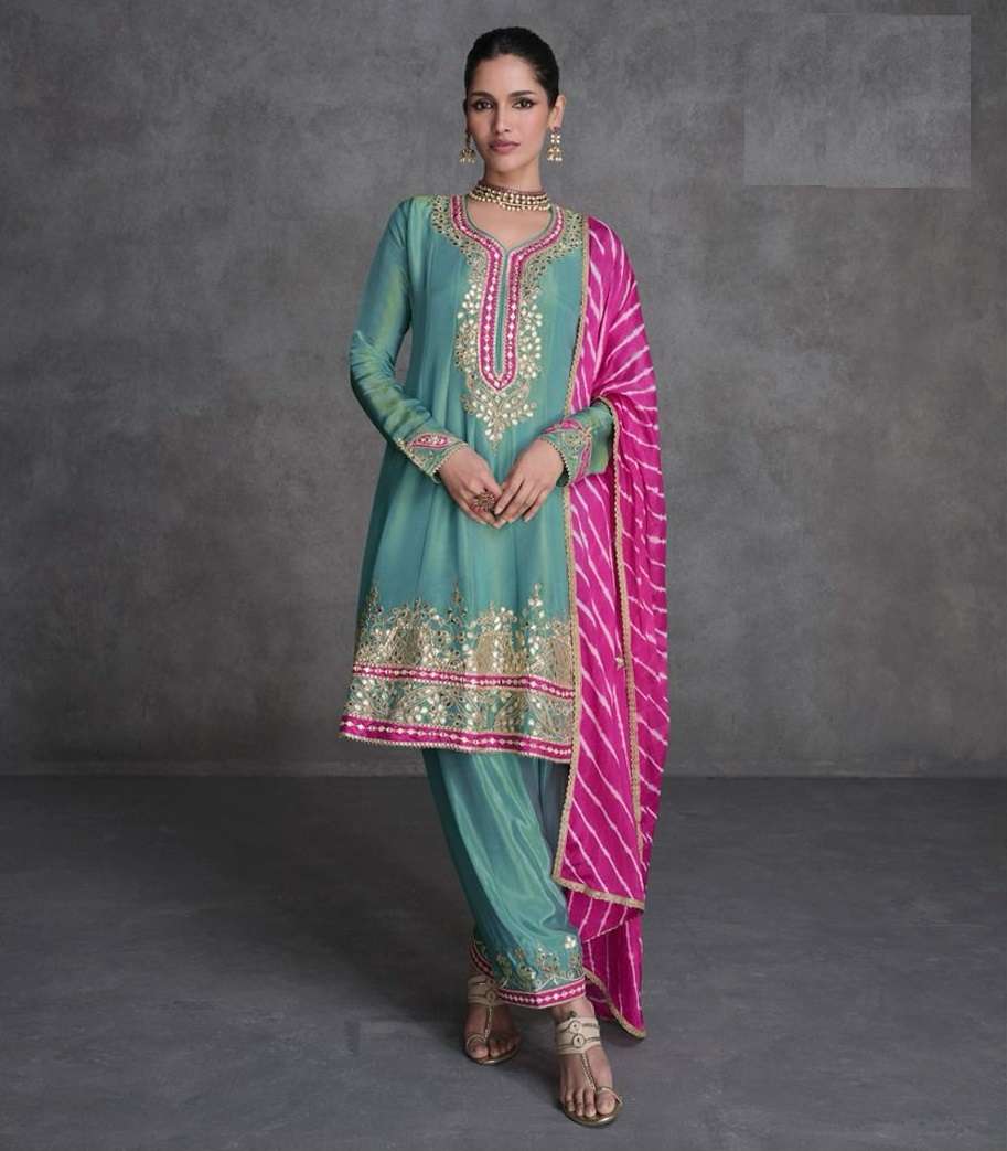 INDIAN DESIGNER FANCY WEDDING PARTY WEAR SKY BLUE ORGANZA SILK PUNJABI SHARARA PALLAZO SALWAR SUIT SY SIMAR 5446