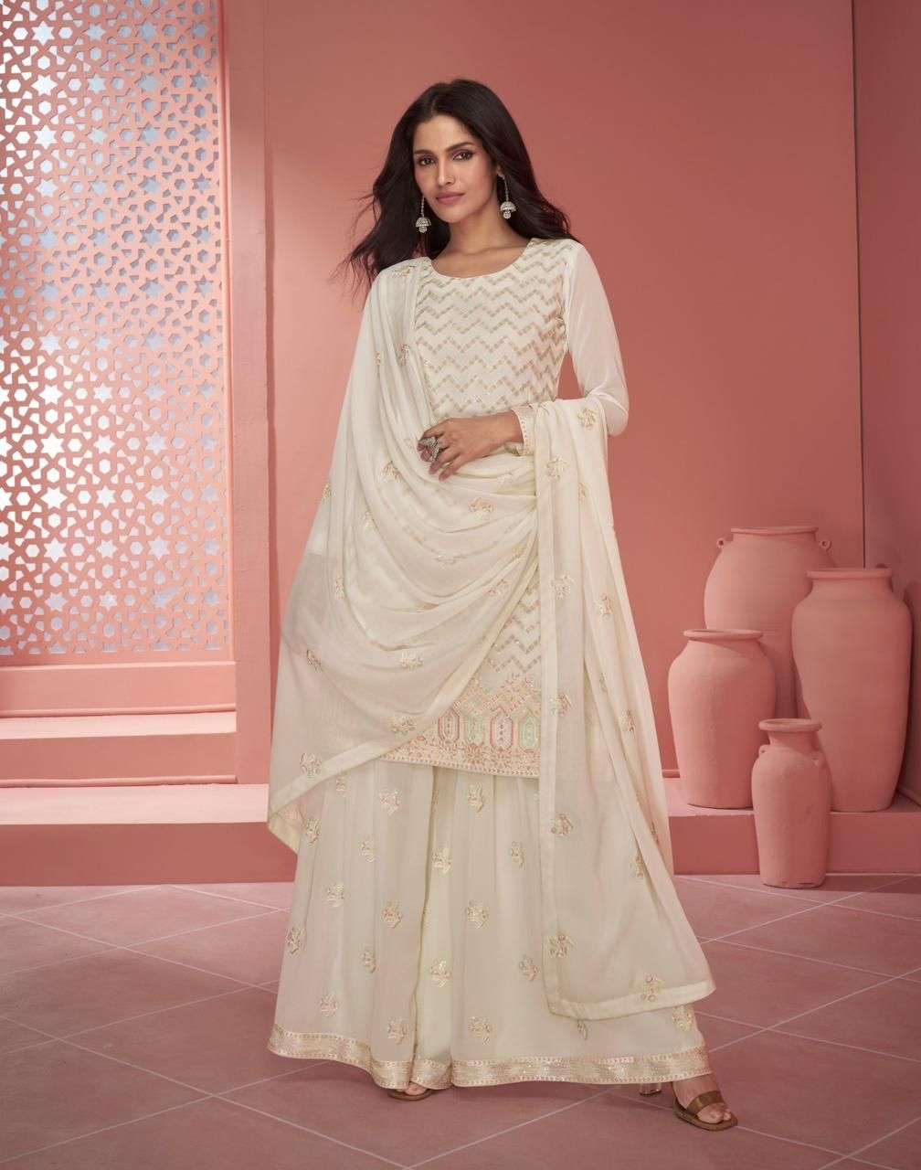 INDIAN DESIGNER FANCY WEDDING PARTY WEAR WHITE FAUX GEORGETTE SHARARA PALLAZO SALWAR SUIT AF RUPALI 9918