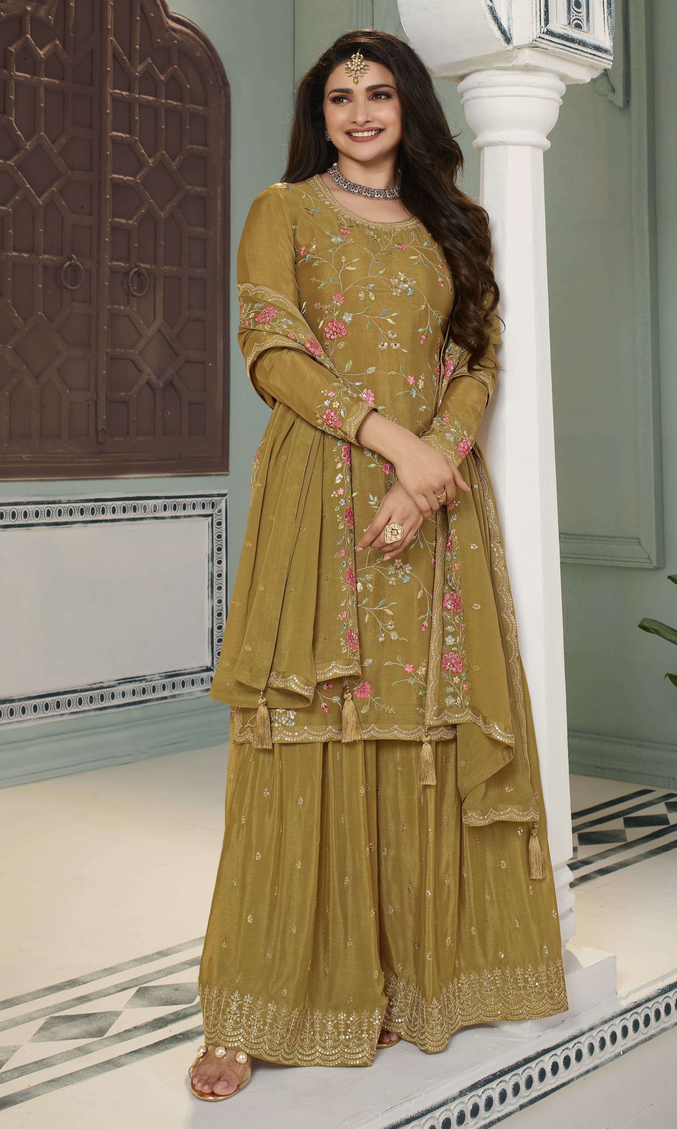 INDIAN DESIGNER FANCY WEDDING PARTY WEAR YELLOW CHINON SILK SHARARA PALLAZO SALWAR SUIT RH AVANTI 66303