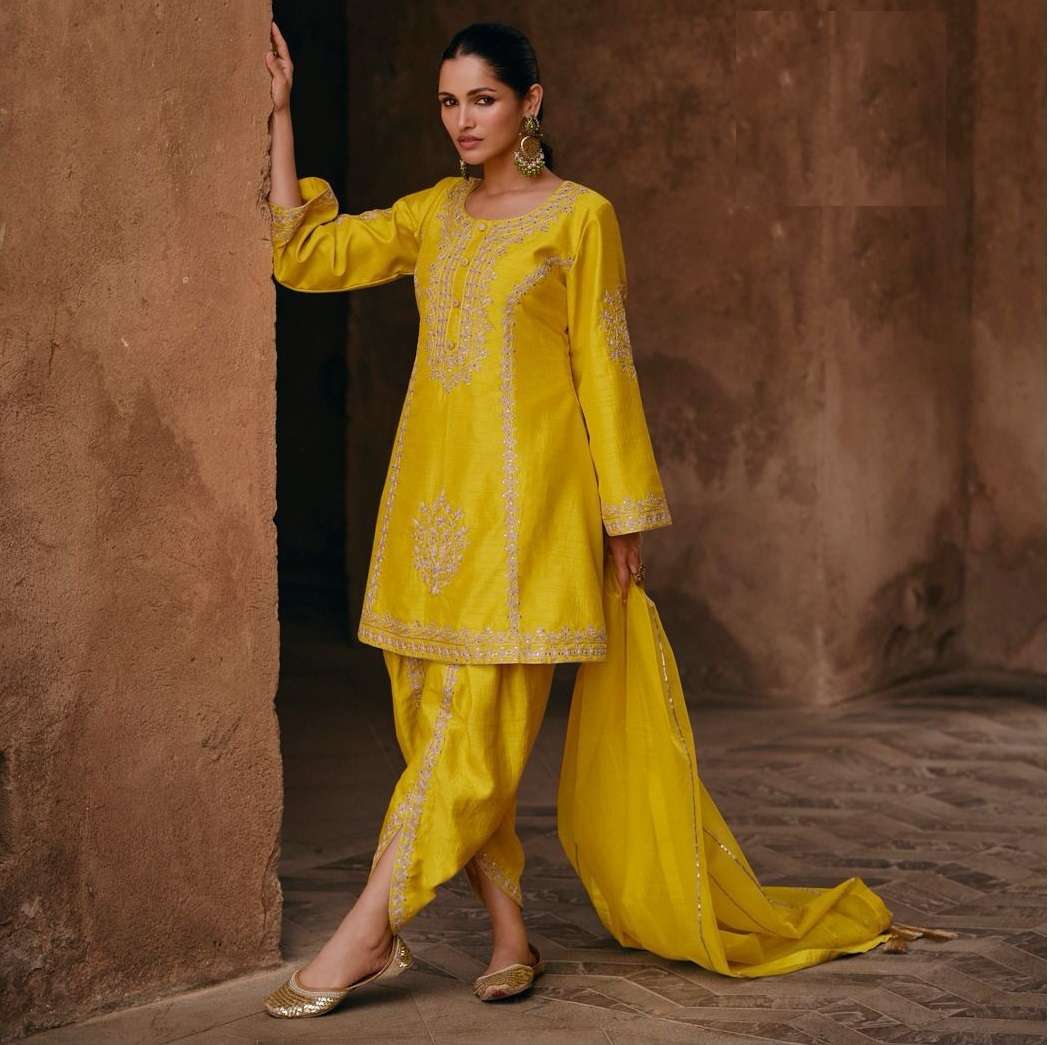 INDIAN DESIGNER FANCY WEDDING PARTY WEAR YELLOW CHINON SILK SHARARA PALLAZO SALWAR SUIT SY SHARMILI 5432