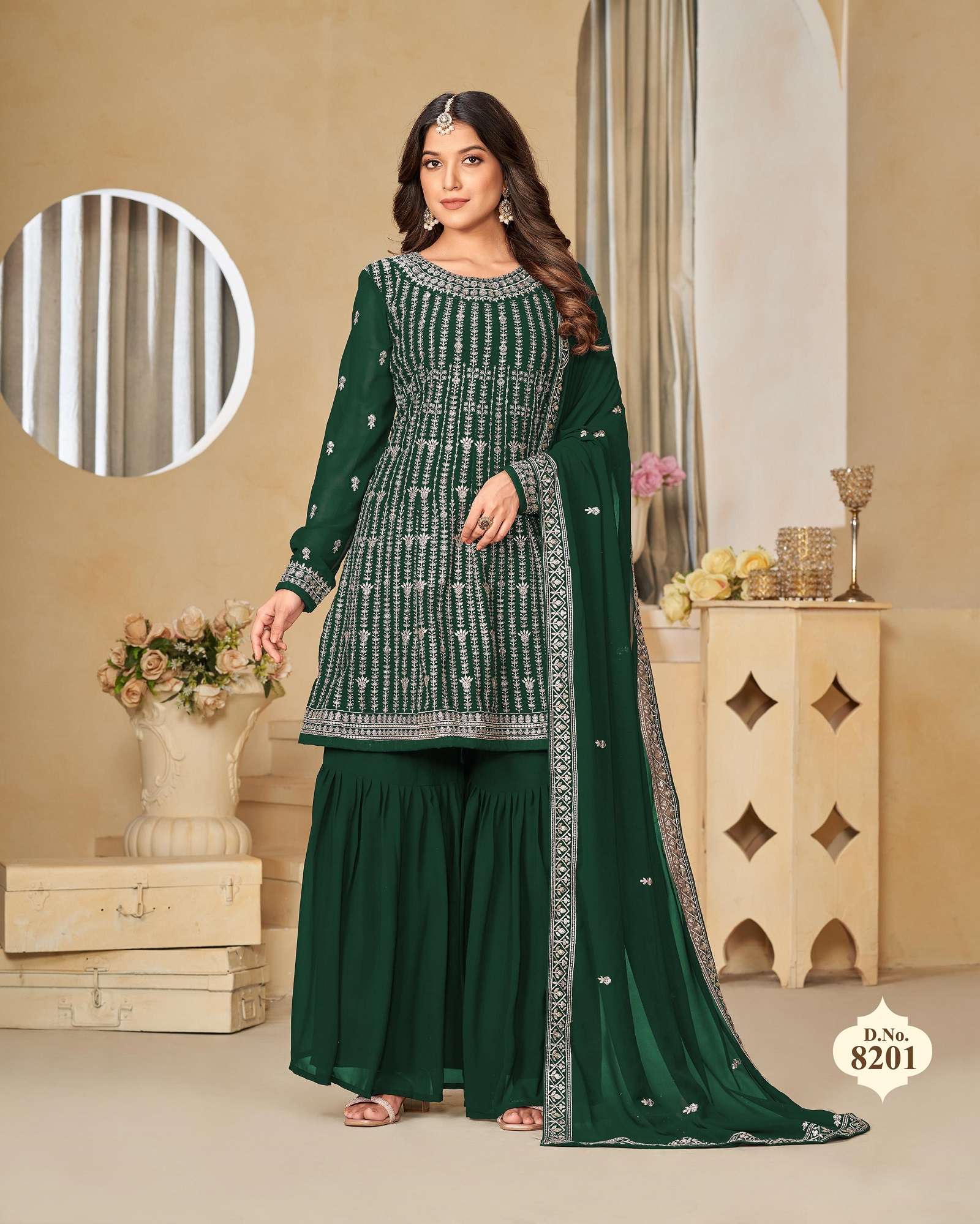 INDIAN DESIGNER WEDDING PARTY WEAR FAUX GEORGETTE GREEN PUNJABI SHARARA PALLAZO SALWAR SUIT ANY 820