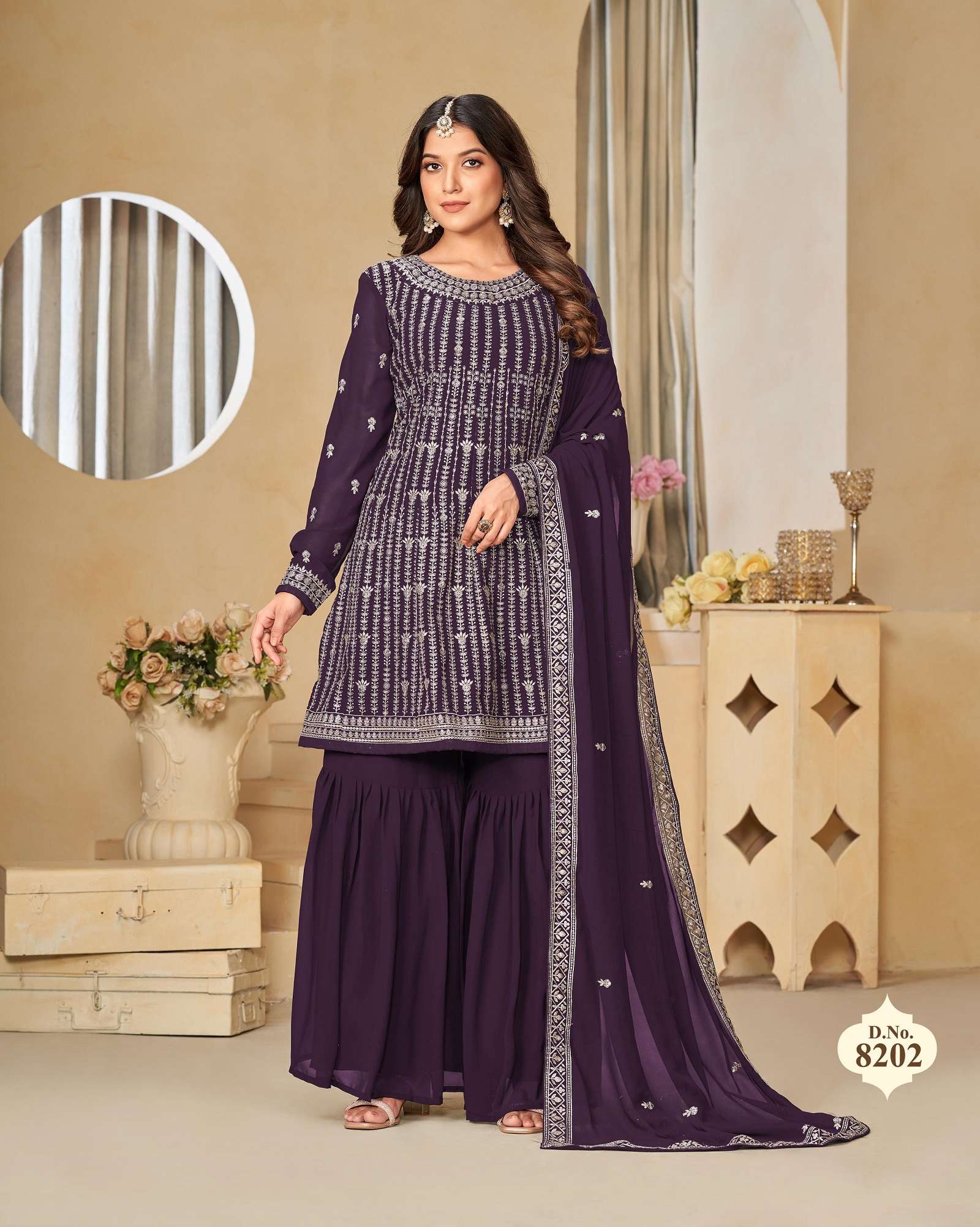 INDIAN DESIGNER WEDDING PARTY WEAR FAUX GEORGETTE WINE PURPLE PUNJABI SHARARA PALLAZO SALWAR SUIT ANY 8202