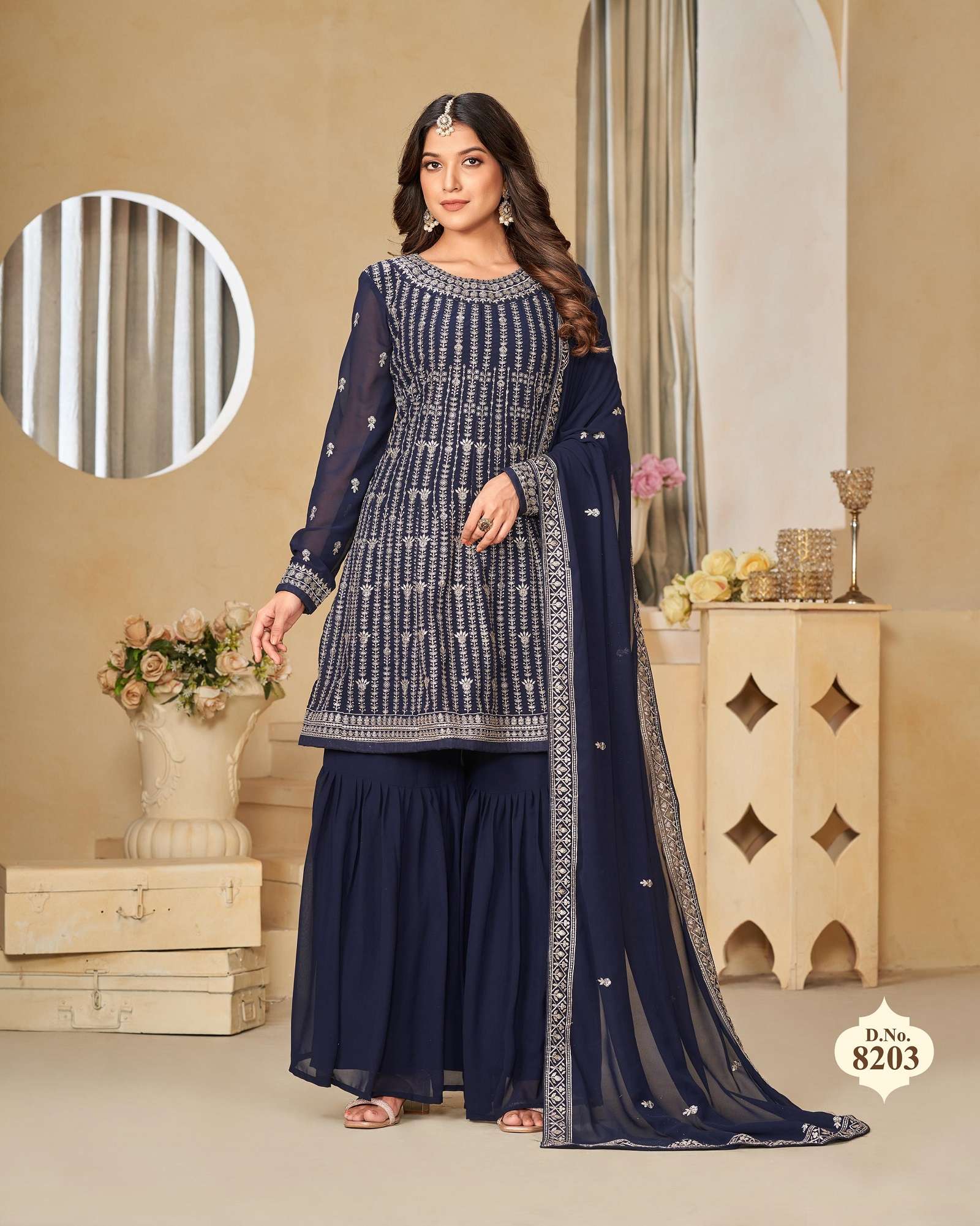 INDIAN DESIGNER WEDDING PARTY WEAR FAUX GEORGETTE BLUE PUNJABI SHARARA PALLAZO SALWAR SUIT ANY 8203