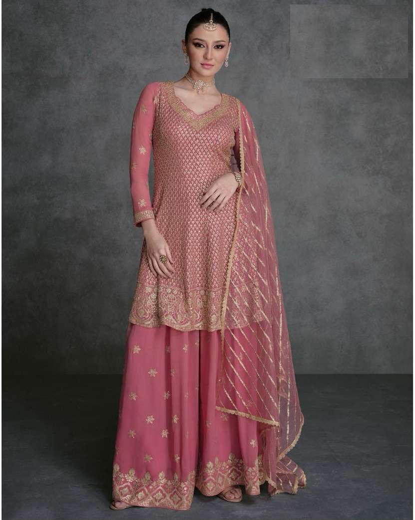 INDIAN DESIGNER WEDDING PARTY WEAR GEORGETTE DEEP PINK PUNJABI SHARARA PALLAZO SALWAR SUIT 5443