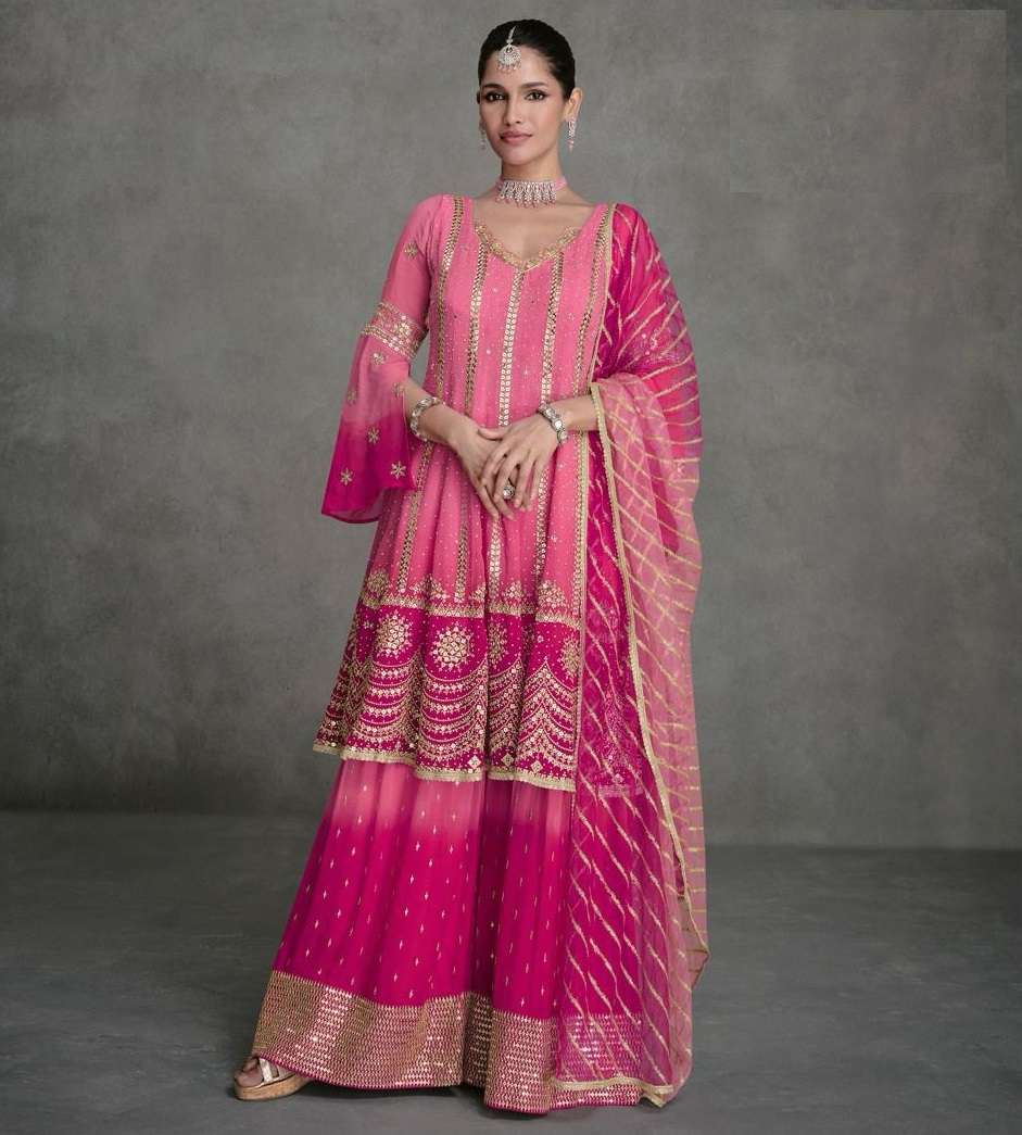 INDIAN DESIGNER WEDDING PARTY WEAR GEORGETTE PINK PUNJABI SHARARA PALLAZO SALWAR SUIT 5441