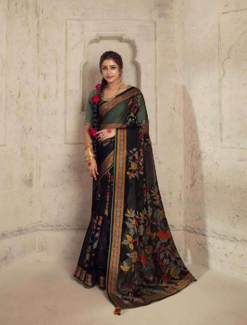 LATEST DESIGNER FANCY WEDDING PARTY WEAR BLACK BRASSO ORGANZA SILK INDIAN SAREE SM KIM MEERA 17002