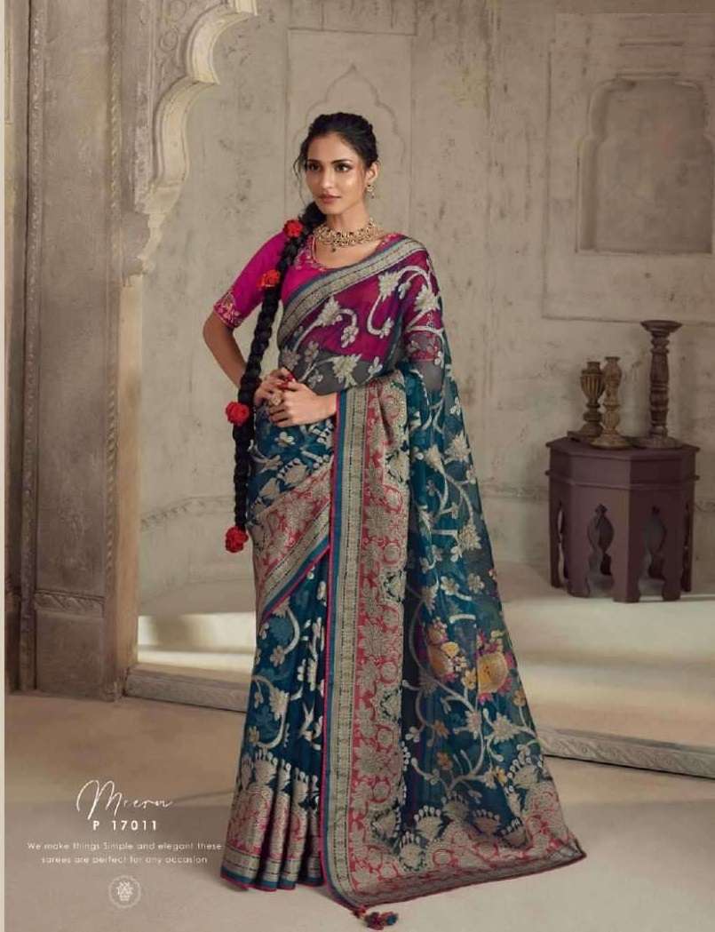 LATEST DESIGNER FANCY WEDDING PARTY WEAR BLUE BRASSO ORGANZA SILK INDIAN SAREE SM KIM MEERA 17011