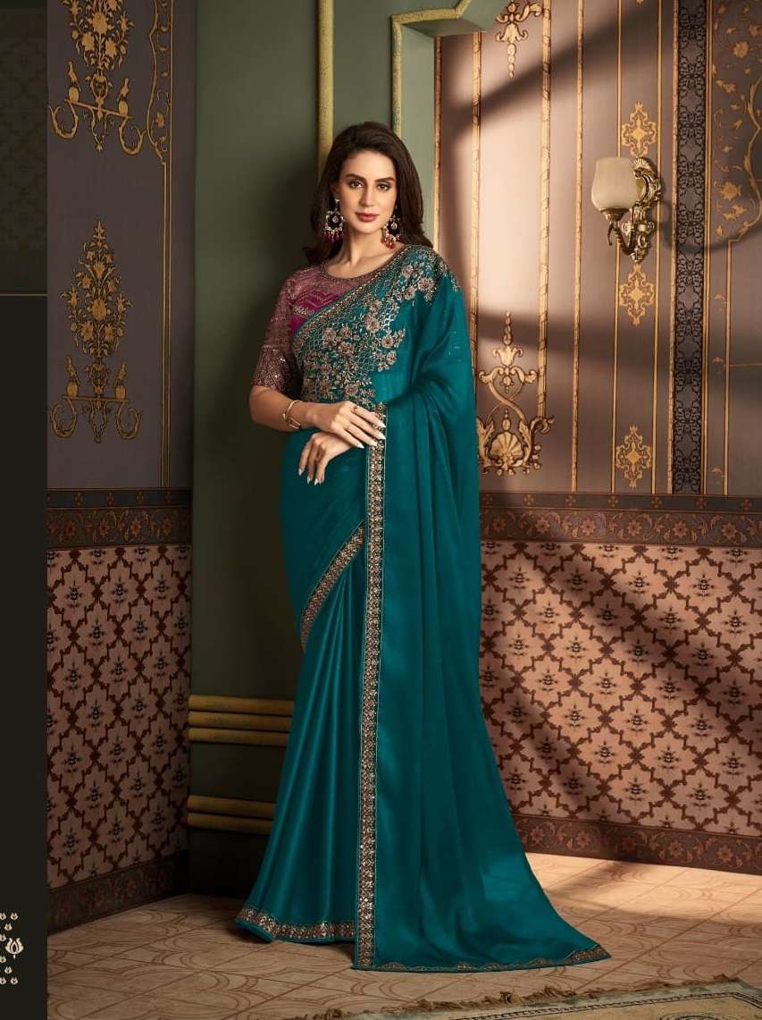 LATEST DESIGNER FANCY WEDDING PARTY WEAR BLUE SARTIN SILK INDIAN SAREE WITH SM TFH 1202 D