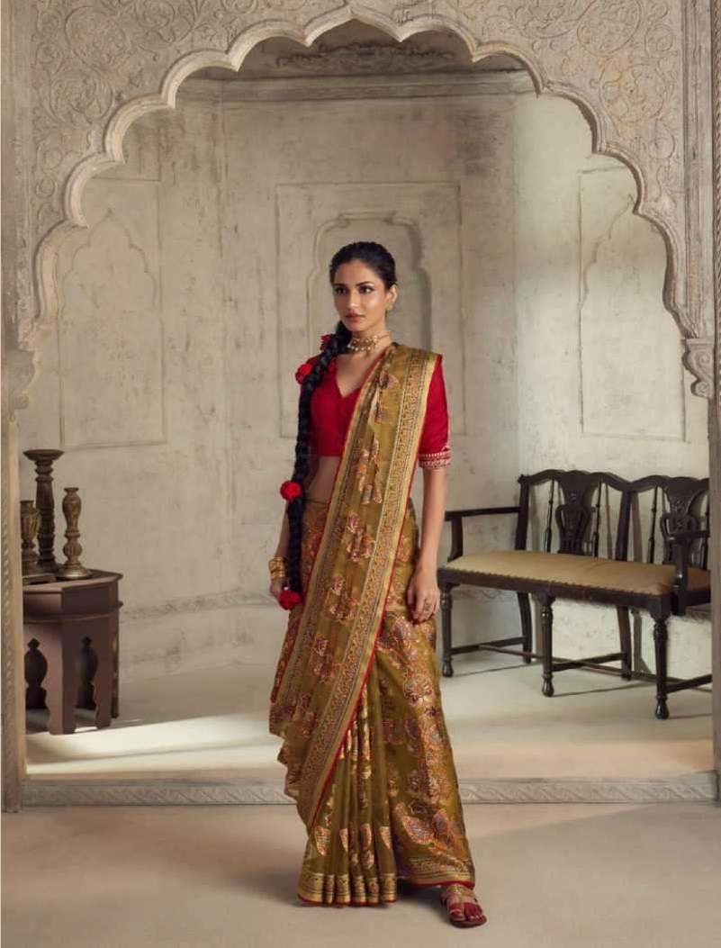 LATEST DESIGNER FANCY WEDDING PARTY WEAR GOLDEN BRASSO ORGANZA SILK INDIAN SAREE SM KIM MEERA 17006