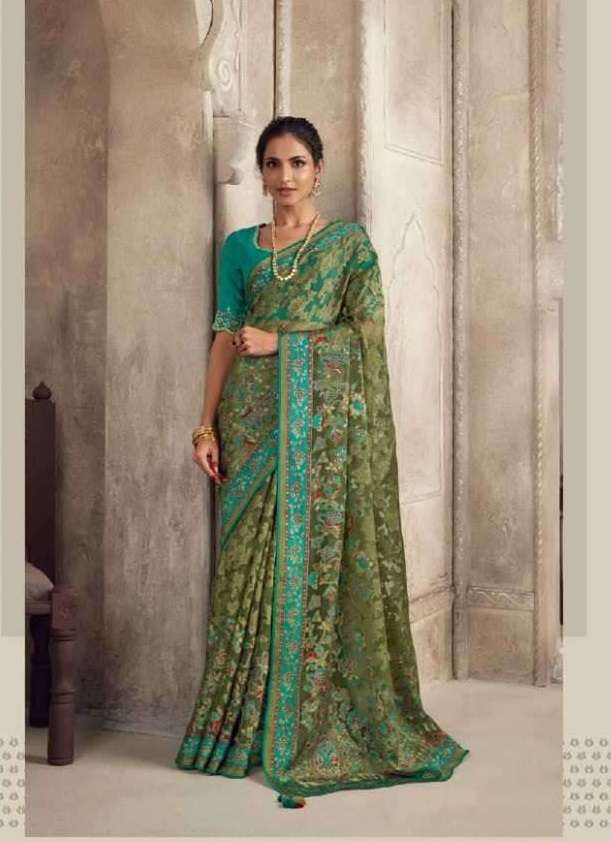 LATEST DESIGNER FANCY WEDDING PARTY WEAR GREEN BRASSO ORGANZA SILK INDIAN SAREE SM KIM MEERA 17004