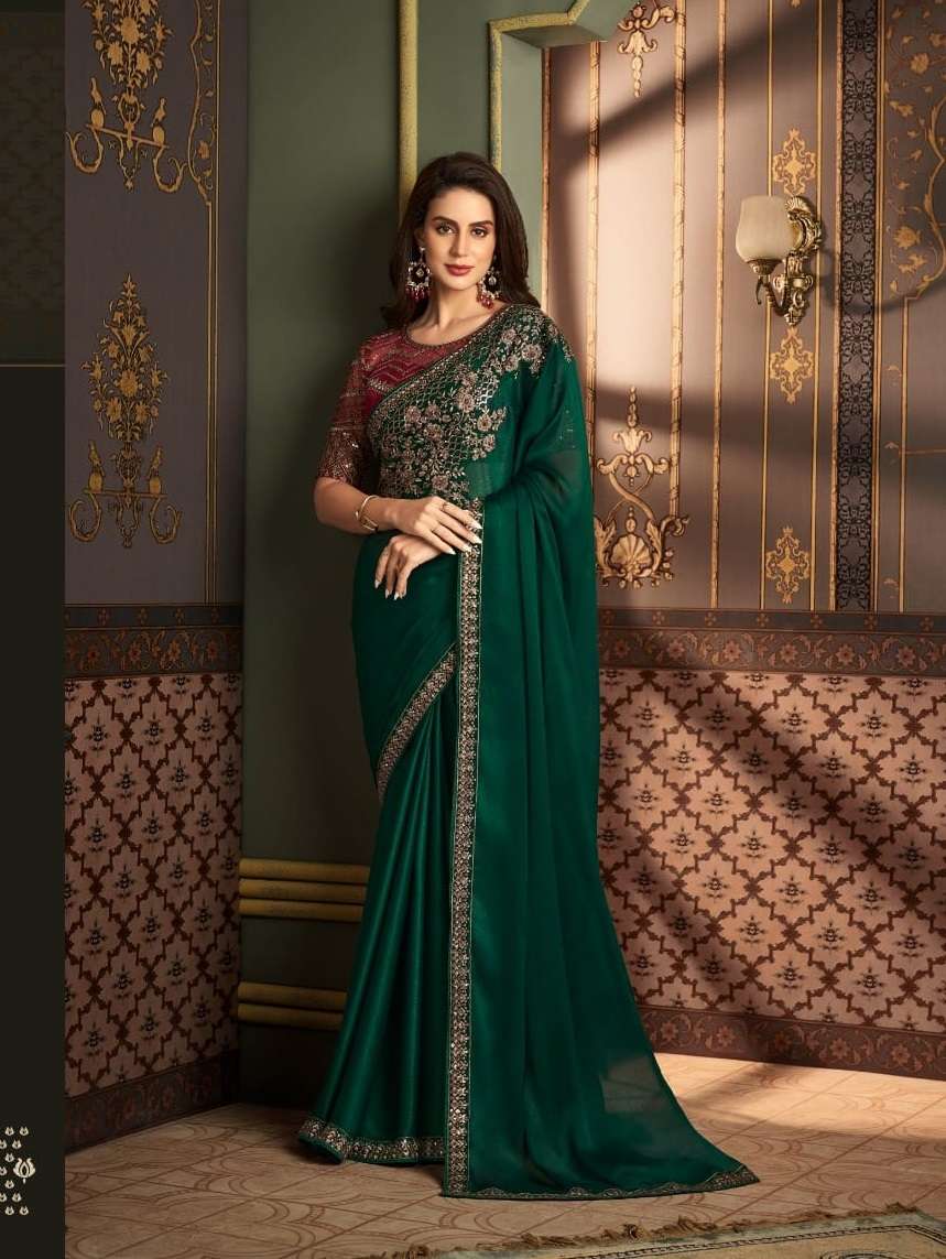 LATEST DESIGNER FANCY WEDDING PARTY WEAR GREEN SARTIN SILK INDIAN SAREE WITH SM TFH 1202 A