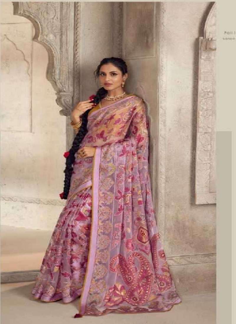 LATEST DESIGNER FANCY WEDDING PARTY WEAR PINK BRASSO ORGANZA SILK INDIAN SAREE SM KIM MEERA 17010