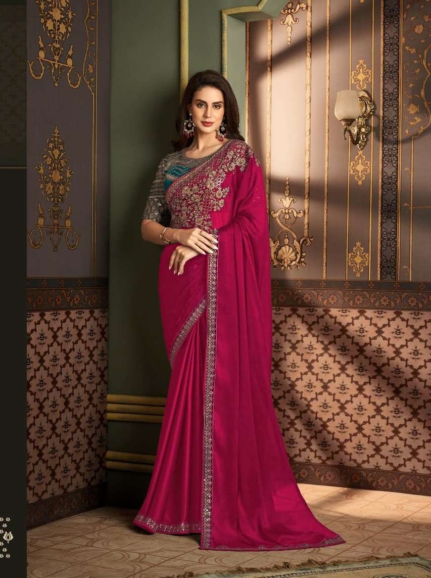 LATEST DESIGNER FANCY WEDDING PARTY WEAR PINK SARTIN SILK INDIAN SAREE WITH SM TFH 1202 F