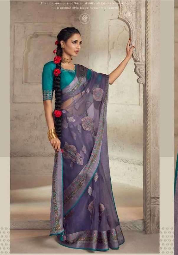 LATEST DESIGNER FANCY WEDDING PARTY WEAR PURPLE BRASSO ORGANZA SILK INDIAN SAREE SM KIM MEERA 17001