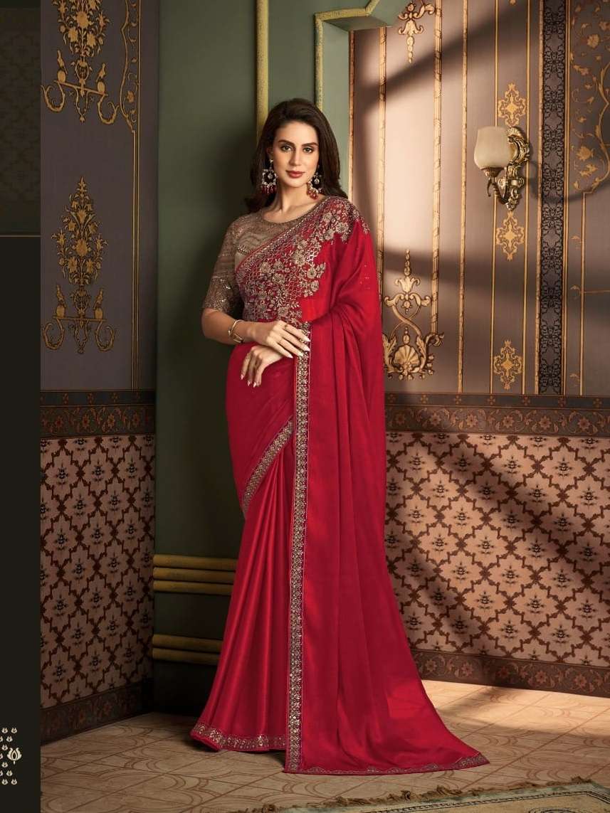 LATEST DESIGNER FANCY WEDDING PARTY WEAR RED SARTIN SILK INDIAN SAREE WITH SM TFH 1202 B