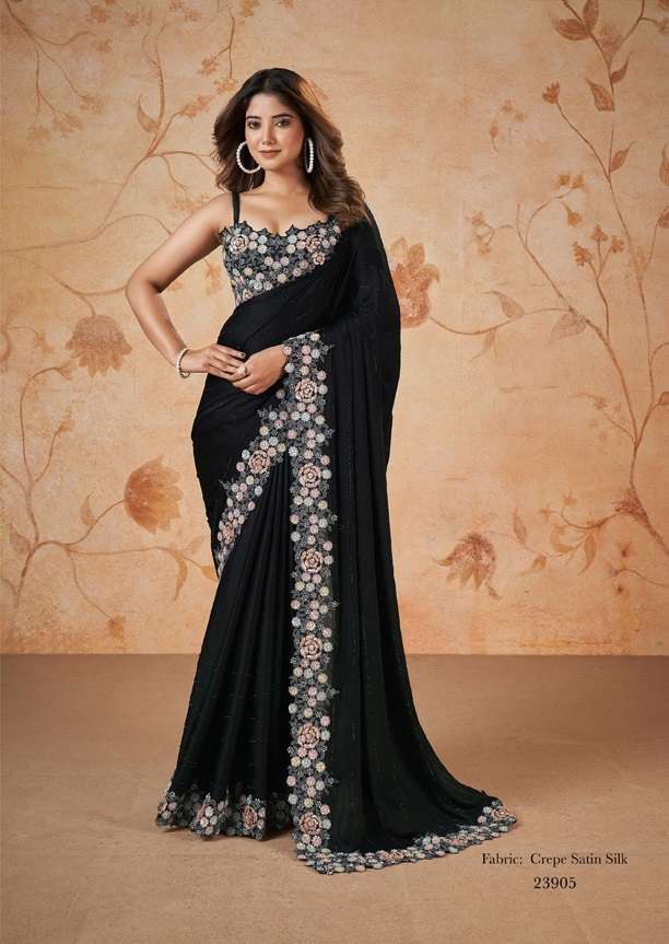 LATEST DESIGNER FANCY WEDDING PARTY WEAR SILK INDIAN BLACK SAREE WITH SM MHTSV DAKSHITA 23905