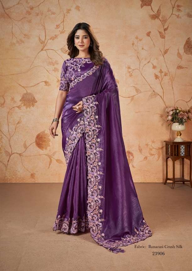 LATEST DESIGNER FANCY WEDDING PARTY WEAR SILK INDIAN PURPLE SAREE WITH SM MHTSV DAKSHITA 23906