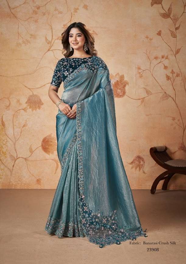 LATEST DESIGNER FANCY WEDDING PARTY WEAR SILK INDIAN BLUE SAREE WITH SM MHTSV DAKSHITA 23908